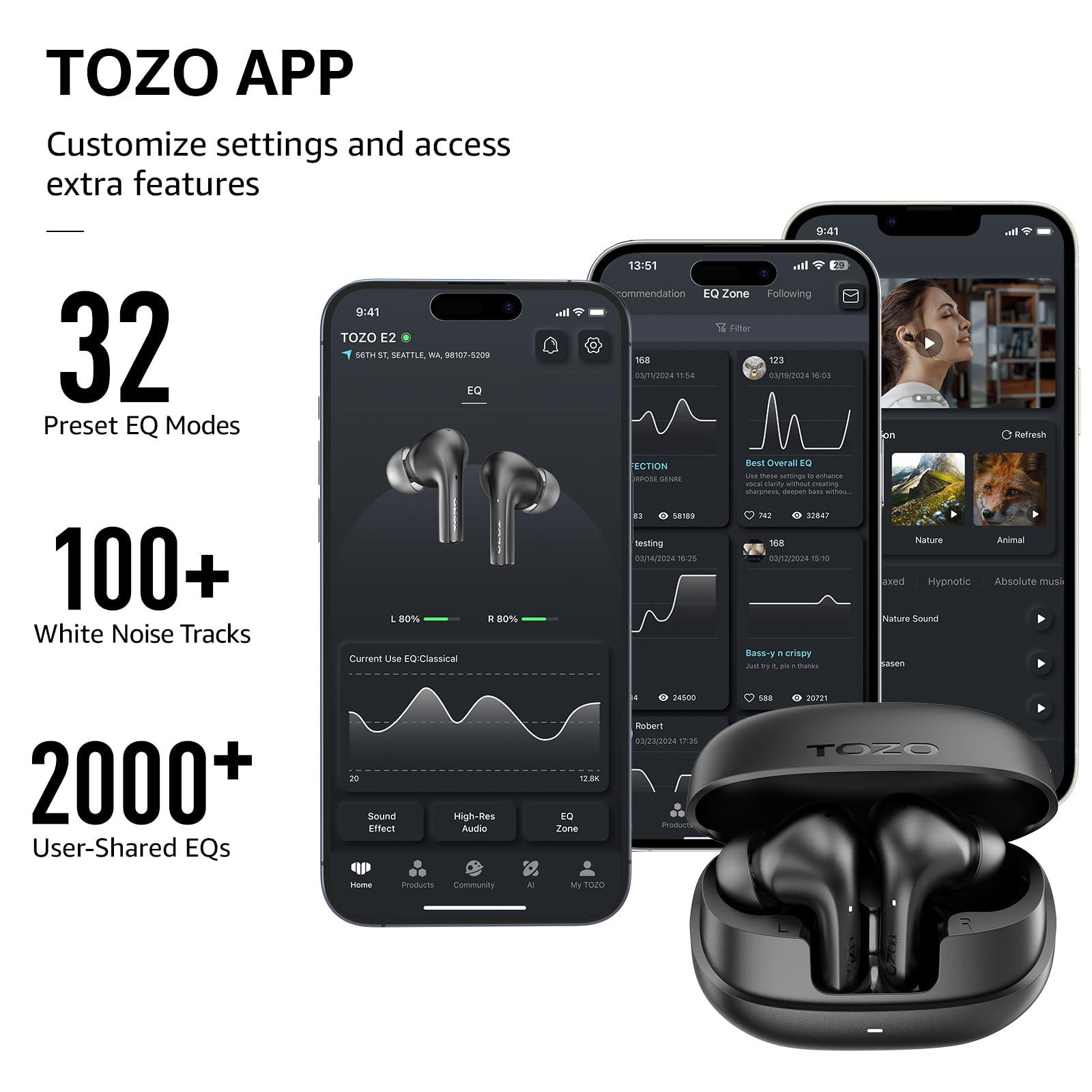 TOZO TOZO E2 Wireless Earbuds 10mm Drivers with Powerful Bass, App Customize 32 EQs, with 2 Mics AI Call Noise Cancellation, 30H Playtime, Bluetooth 5.3 Ear Buds, Comfort Fit in-Ear Headphones