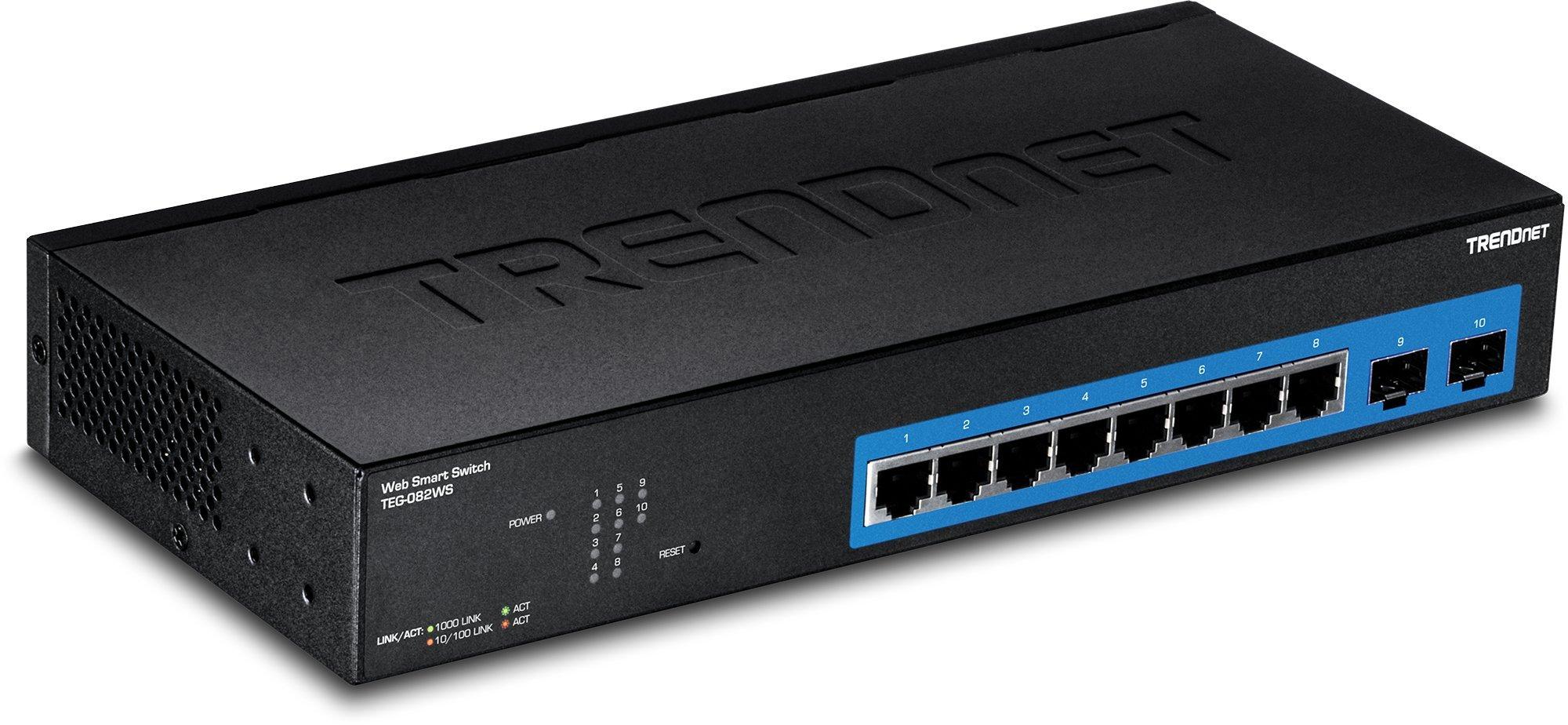 TRENDnet TRENDnet 10-Port Gigabit Web Smart Switch, 20 Gbps Switching Capacity, 8 x RJ-45 Ports, 2 x SFP, Slots, VLAN, QoS, LACP, IPv6 Support, Fanless, Rack Mountable, Lifetime Protection, TEG-082WS Black