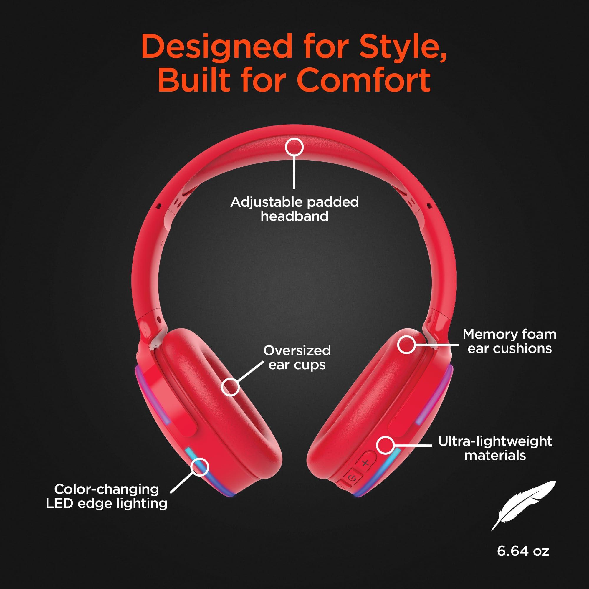 HyperGear HyperGear Wireless Bluetooth Headphones + Loud HD Stereo Sound Speaker Over-Ear Noise-Isolating Fit Headset with Built-in Mic [LED Light Up Earphones + Speaker] Red
