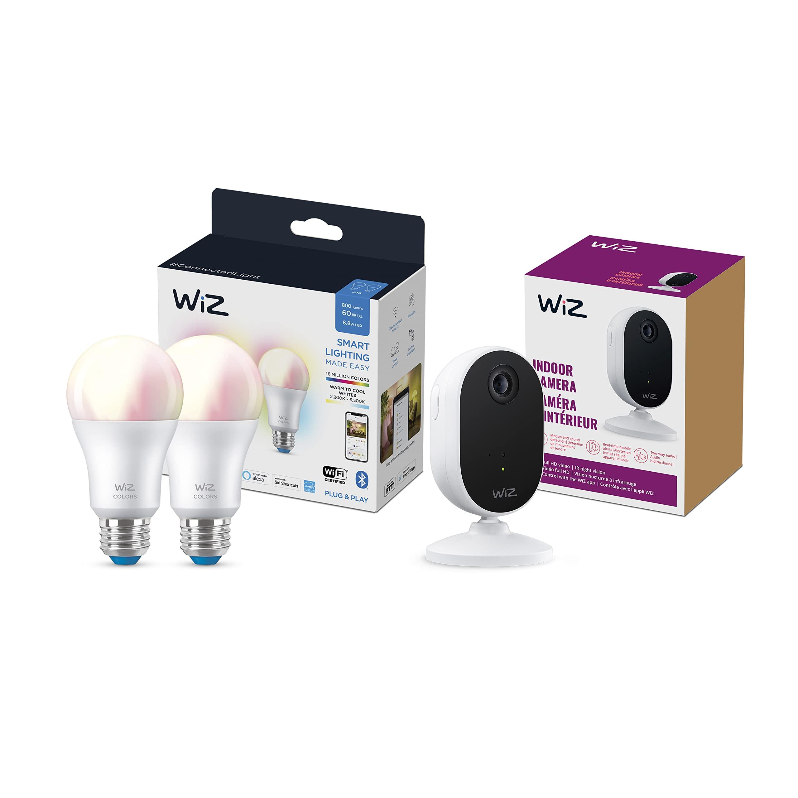 WiZ Connected Bundle of WiZ Indoor Security Camera, 1080p HD Video with Motion Detection and Full-Duplex Audio and WiZ Connected 2-Pack Color 60W A19 Smart WiFi Light Bulb, No Hub Required