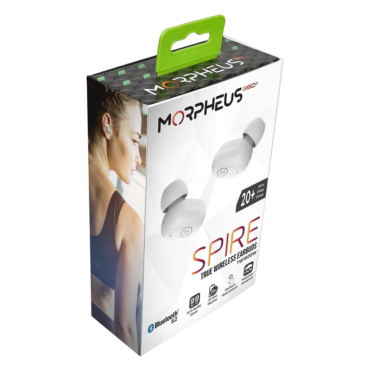 Morpheus 360 Morpheus 360 Spire True Wireless Earbuds, Wireless Microphone, Bluetooth 5.2 Wireless Ear Buds, One Touch Media Control, Waterproof Earbuds, with Recharging Earbud Case - White