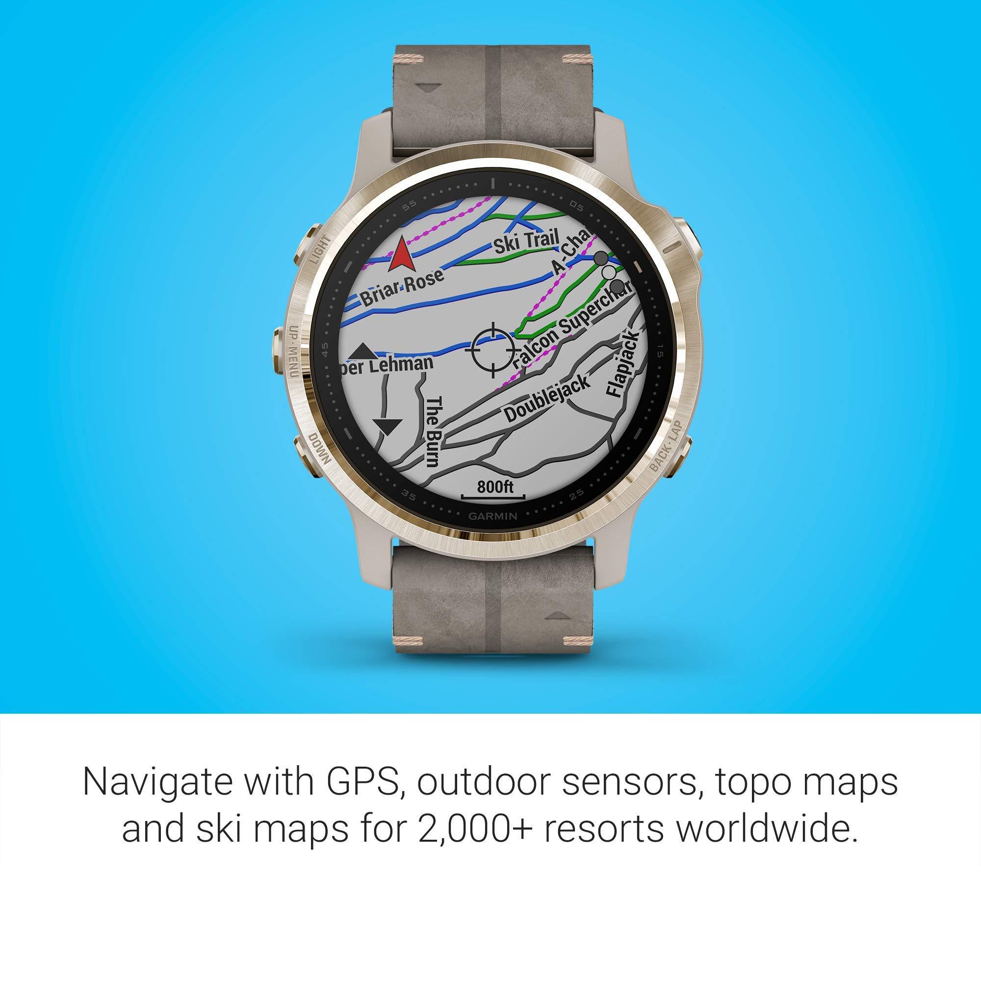 Garmin Garmin Fenix 6S Sapphire, Premium Multisport GPS Watch, Smaller-Sized, features Mapping, Music, Grade-Adjusted Pace Guidance and Pulse Ox Sensors, Light Gold with Gray Leather Band (Renewed)