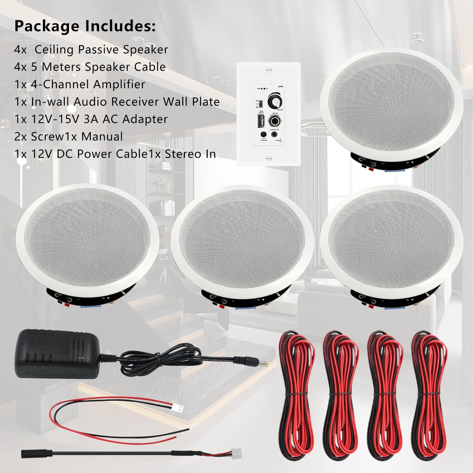 PNWCZ PNWCZ 6.5\'\' Bluetooth in Ceiling Speakers with Wall Amplifier Receiver 600W Flush Mount Ceiling & in-Wall Speaker System for Home Theater Office Bathroom Living Room Kitchen(2Pairs)