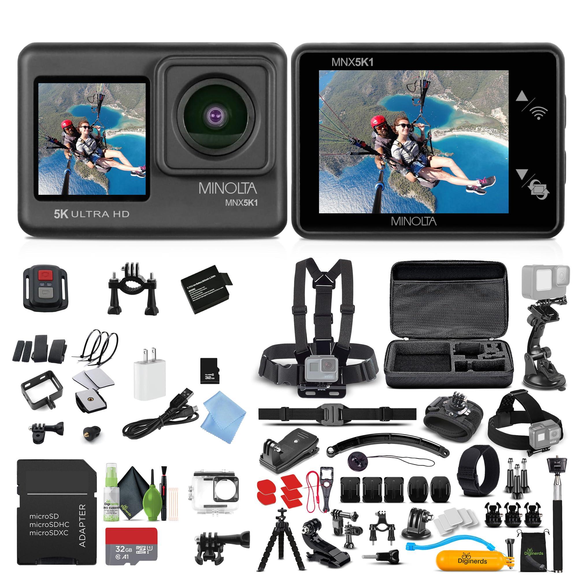 Minolta Minolta MNX5K1 5K Ultra HD / 24 MP Action Camera Kit + 32GB Memory Card + Cleaning kit + Diginerds 50 in 1 Go Pro Accessory Pack - Black