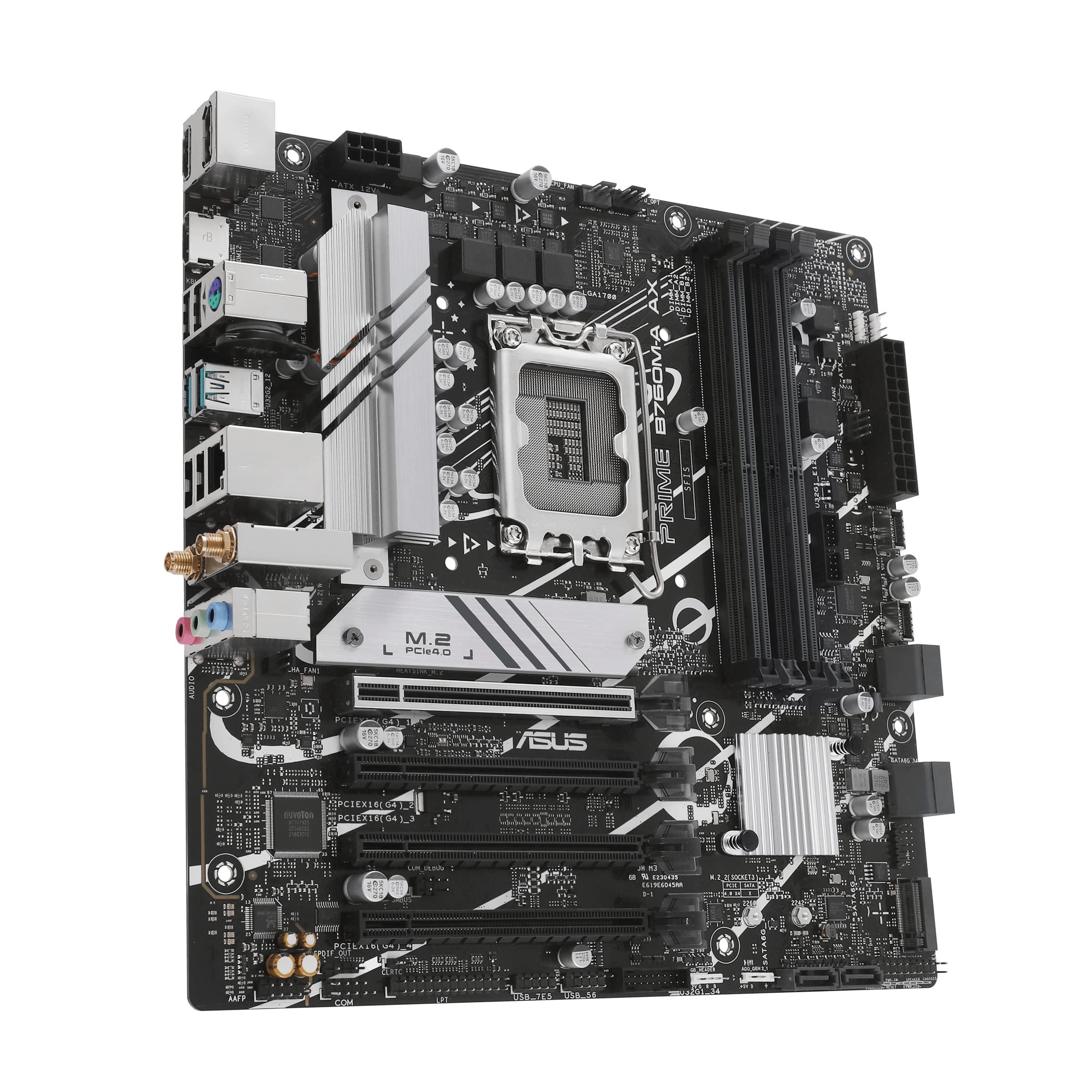 ASUS ASUS Prime B760M-A AX LGA 1700(Intel 12th&13th Gen) microATX Motherboard (PCIe 4.0, 2xM.2 Slots, DDR5,Realtek 2.5 Gb LAN,WiFi 6, DP,Rear USB 3.2 Gen 2, Front USB 3.2 Gen 1 Type-C)