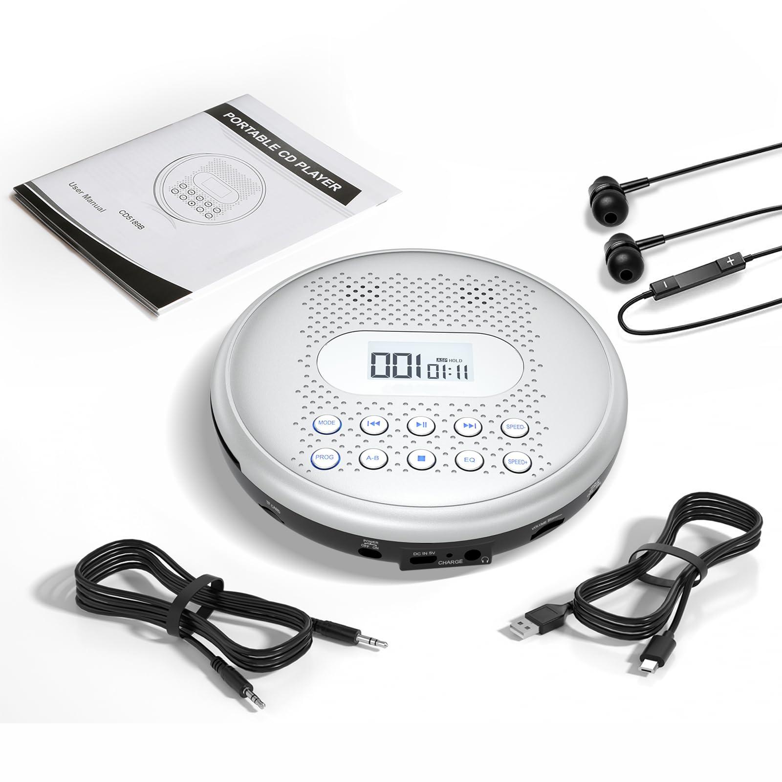 Arafuna ARAFUNA CD Player Portable, Rechargeable Portable CD Players for Car with Speakers, Anti-Skip Walkman CD Player with Backlit Button, LCD Display and AUX Cable