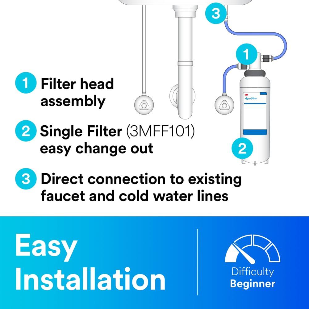 3M Aqua-Pure 3M Aqua-Pure 3M FF100 Under Sink Drinking and Cooking Water Filter System, Reduces Lead, Microplastics, Chlorine Taste and Odor, Cysts, Select VOCs
