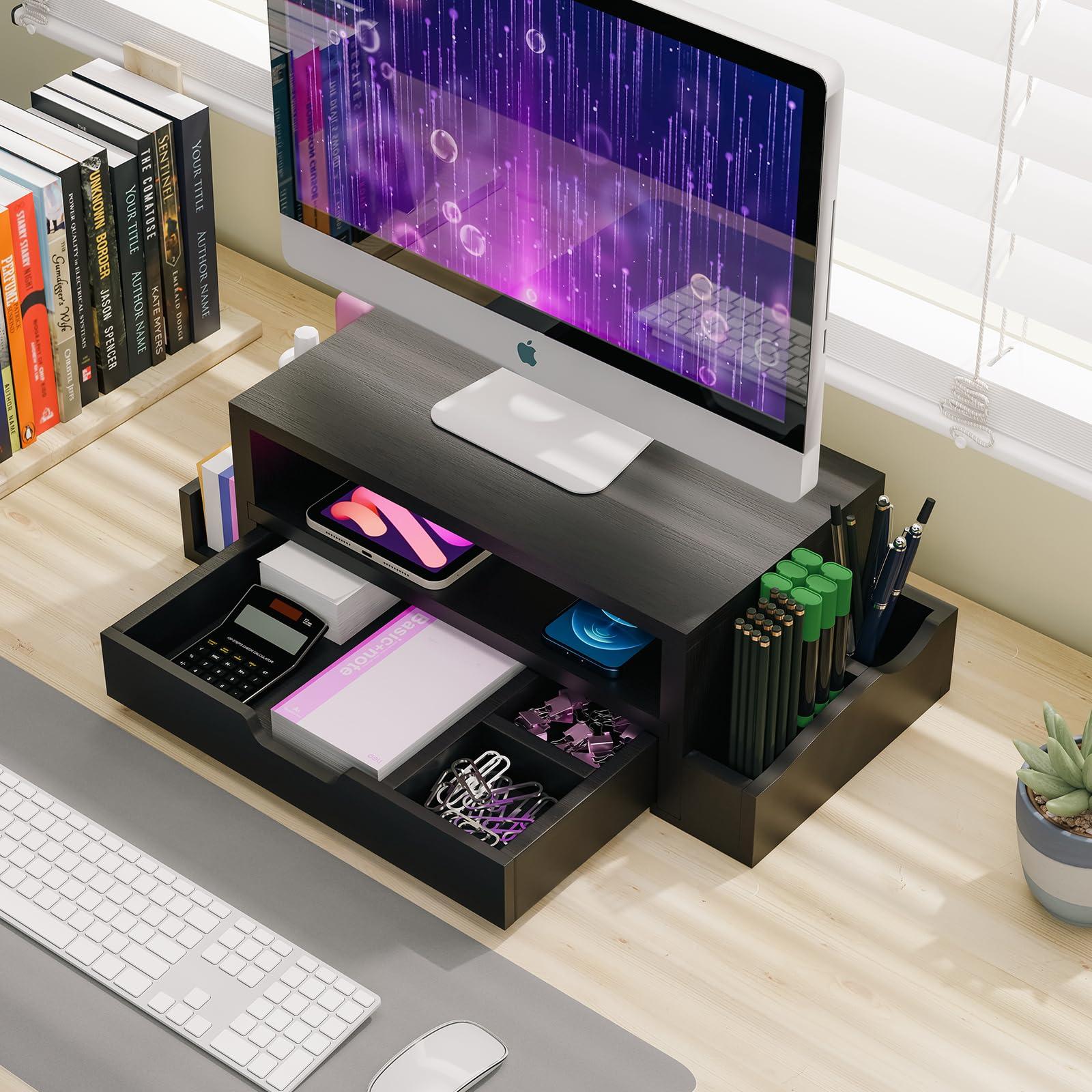 Simple Trending Simple Trending Monitor Stand Riser and Computer Wood Desk Organizer with Drawer and Pen Holder for Laptop, Computer, iMac, Black