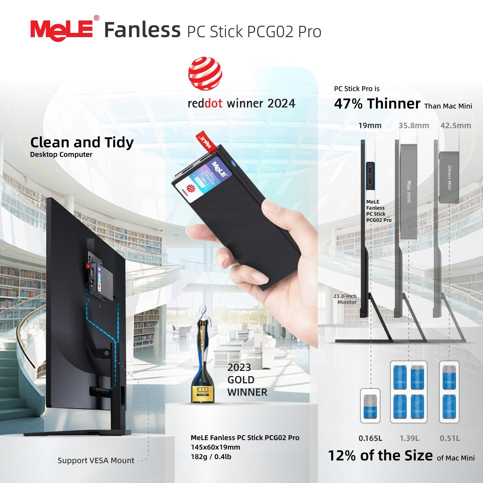 MeLE MeLE Reddot Winner PCG02 Pro Fanless N100 Mini PC Stick 8GB LPDDR4x 128GB eMMC Micro Computer 2X HDMI 4K WiFi 5 BT5.1 Gigabit Ethernet, Support PD3.0 Protocol, on IoT, NAS, Digital Signage, MES, WMS