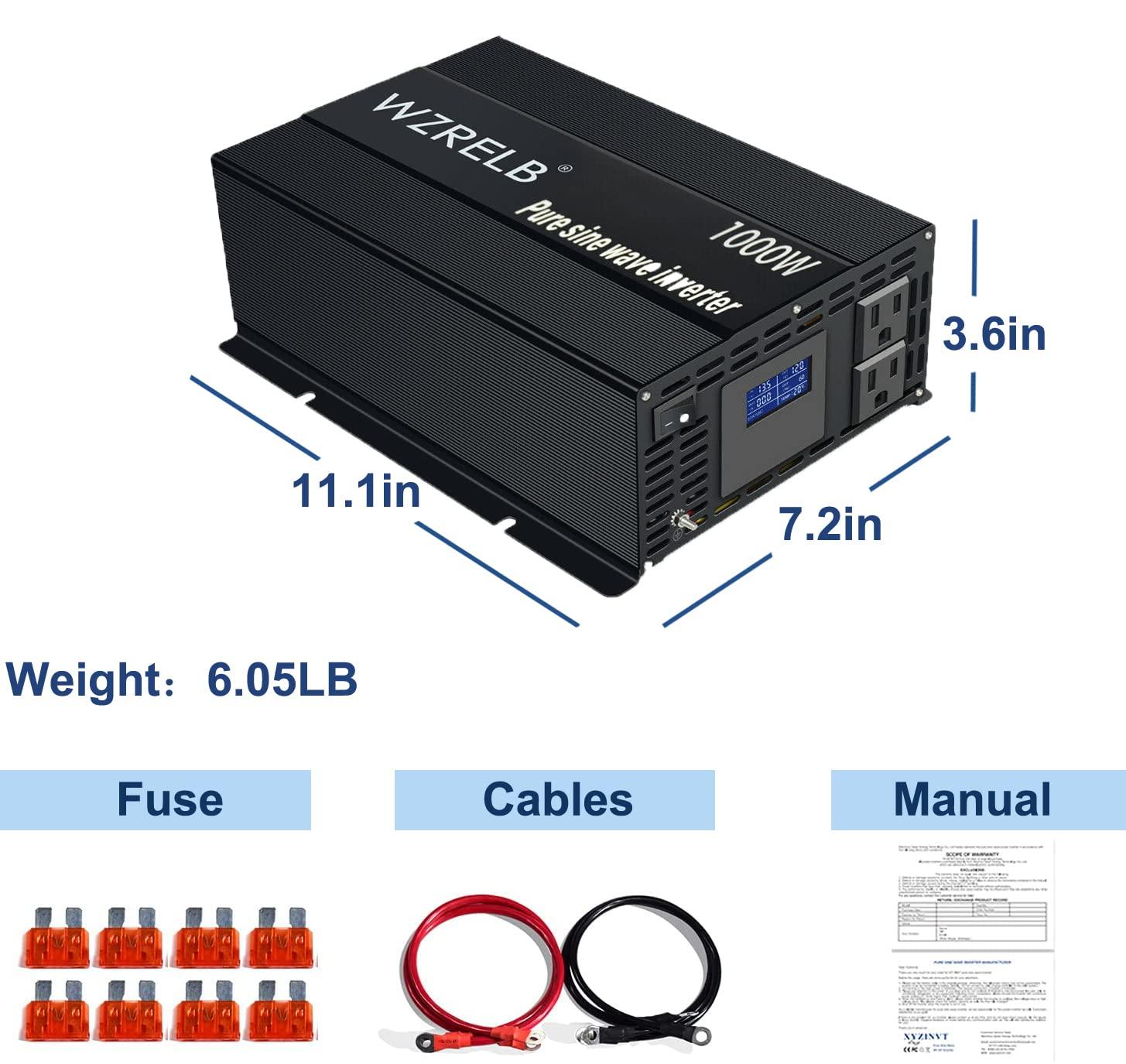 WZRELB WZRELB Pure Sine Wave Inverter 1000W 12VDC to 120VAC Solar Power Converter Truck RV Home LCD Display
