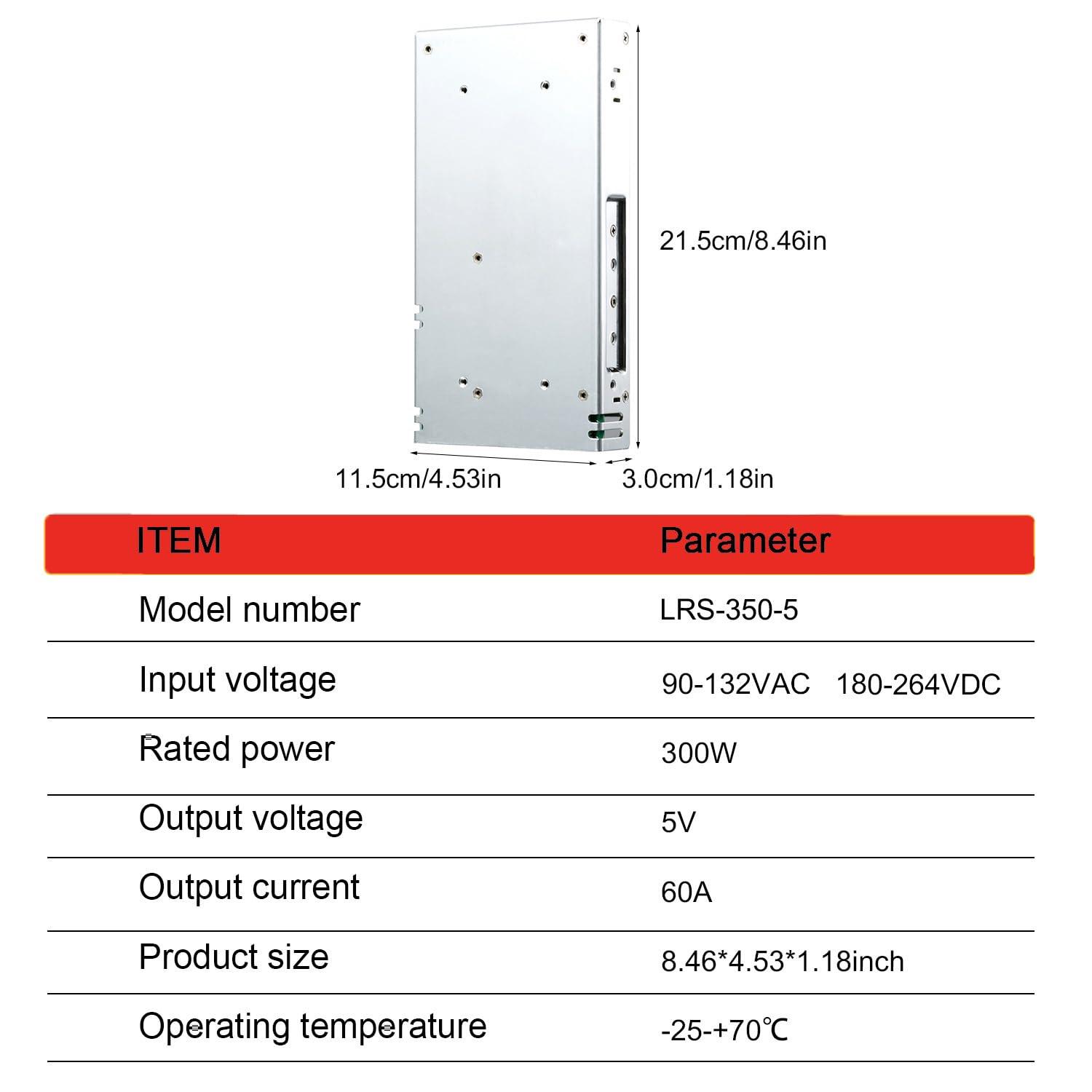 MEAN WELL LRS-350-5 350W Single Output Switching Power Supply 5V 60A, 90-132VAC/180-264VAC Input, Industrial Grade, UL Certified, for Automation Machinery