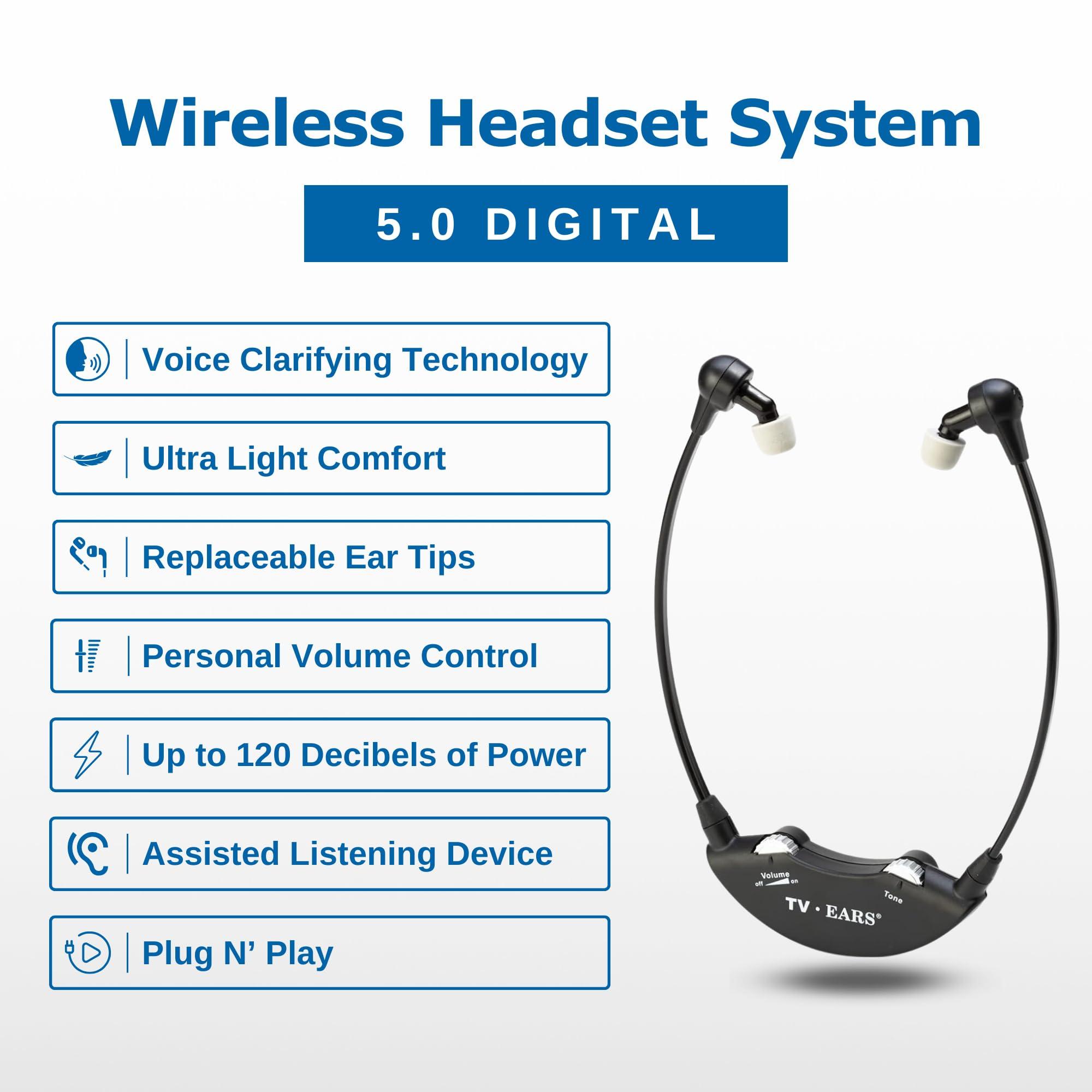TV  EARS TVEARS Wireless Headset System Bundle - Analog & Digital Compatible, Ideal for Seniors & Hearing Difficulties, Includes RF Transmitter, 4 Replacement Ear Tips, Easy to Use, Compatible with most TVs