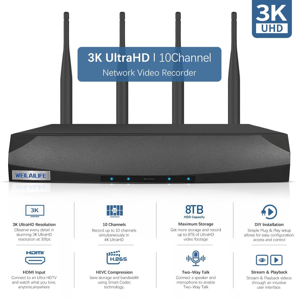 WEILAILIFE Security Wireless Network Video Recorder NVR System for Home Surveillance/Monitor Camera Systems,Built-in WiFi Recorders,Local Storage,Support 10-Channel, 3K 5MP Work with IP Cameras