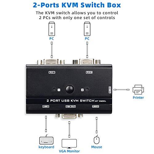 TCRAYCH VGA USB KVM Switch, 2 Port VGA KVM Switcher Selector with Cables for 2PC Sharing 1 Video Monitor and 3 USB Devices Keyboard Mouse Printer Scanner