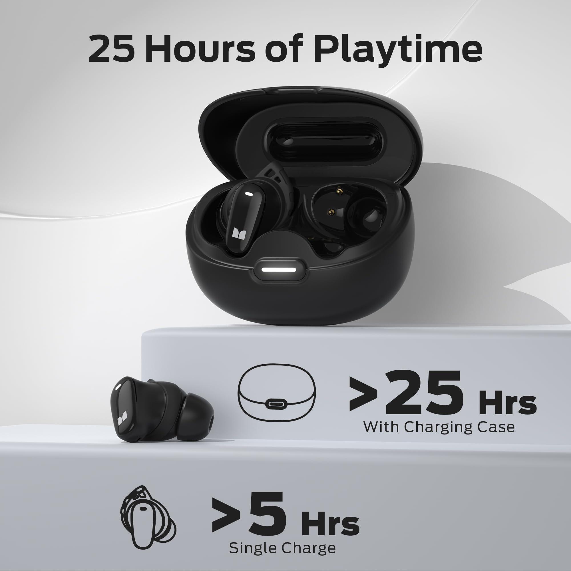 Monster Monster N-Lite 206 Wireless Earbuds Bluetooth 5.4 in Ear Headphones, Bluetooth Ear Buds Built-in Microphone, Touch Control, Comfortable Fit, USB-C Fast Charging, IPX6 Waterproof, 25H Playtime, Black