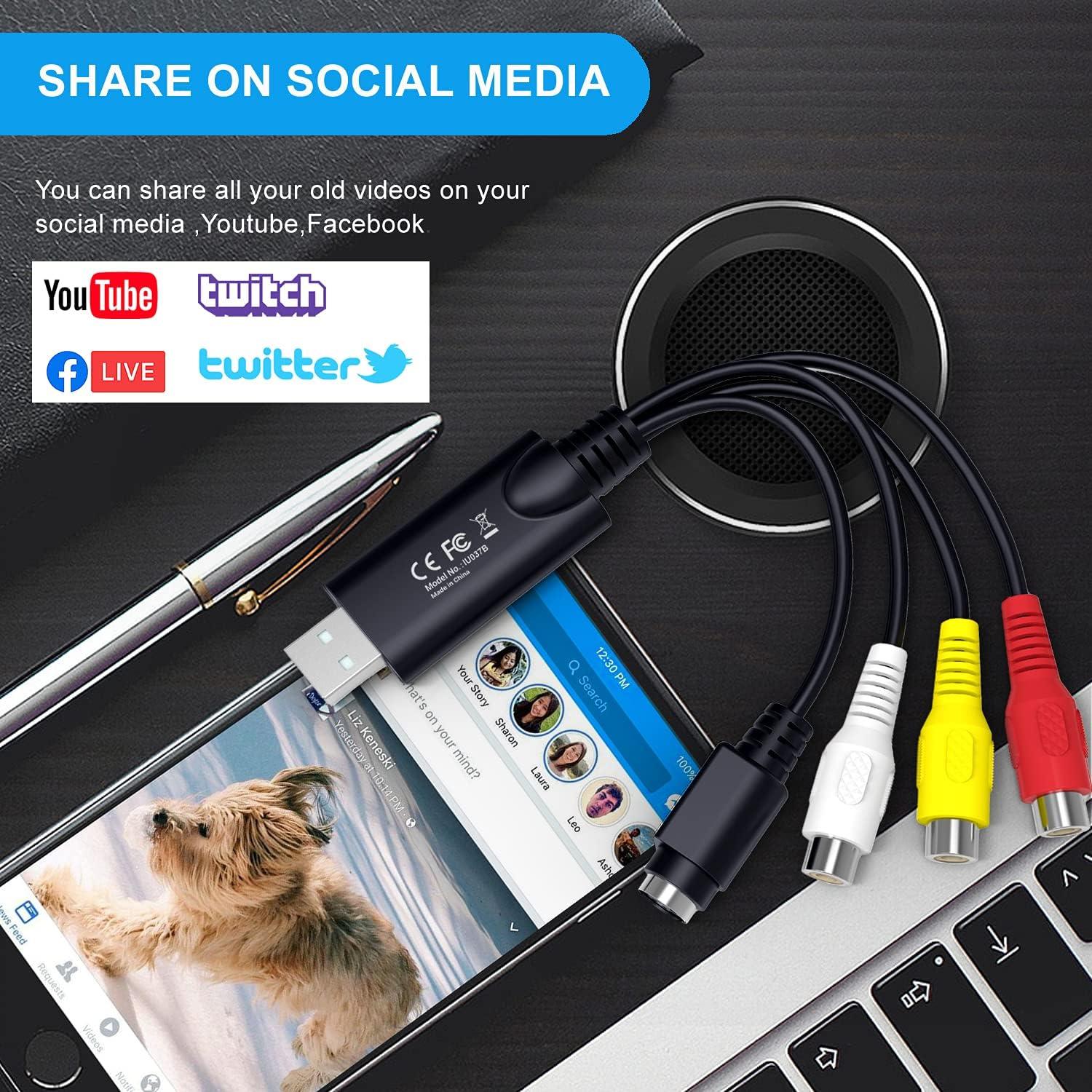 Kkf Kkf USB 2.0 Video Capture Card for Streaming VHS to Digital Converter, with Audio Transfer Grabber, Digitize Video DSLR DVD PS3 PS4 Camera Adapter, for Mac, PC or Notebook (IU037B-2)