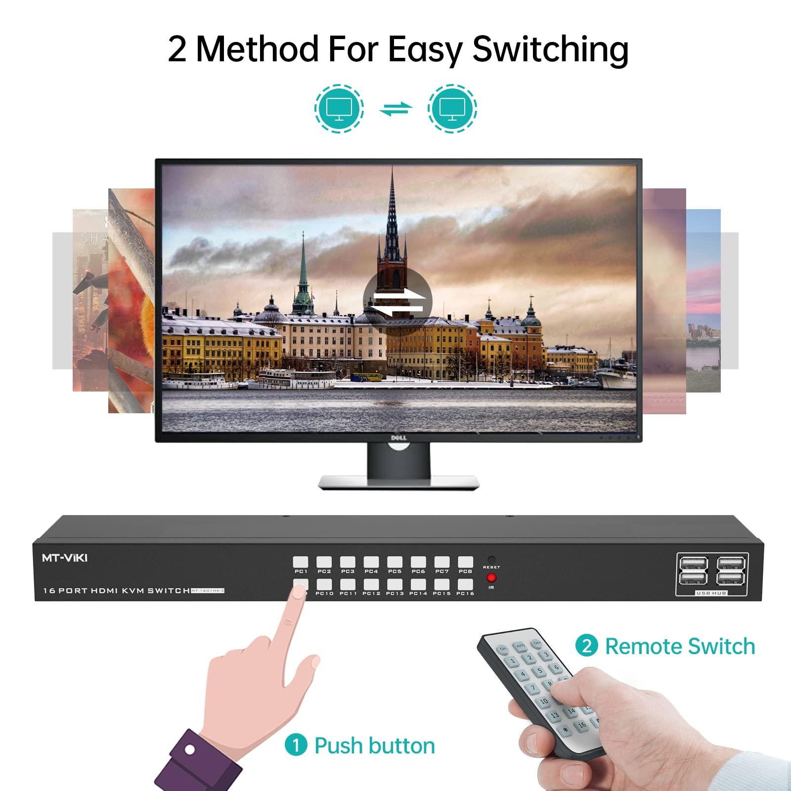 MT-VIKI MT-VIKI 4K 16 Port KVM Switch HDMI, 4K@30Hz Rack Mount KVM Console w/16 Cables + 4 USB 2.0 Devices + IR Remote, Support EDID Storage, HDMI 1.4, HDCP 1.4 for 16 Computers/Servers, Fit 1U 19'' Rack