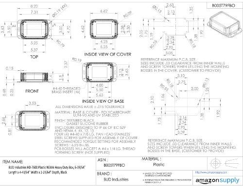 Bud BUD Industries HD-7600 Heavy Duty Impact Resistant NEMA Plastic Box 6.62" L x 4.68" W x 2.37" H, Black