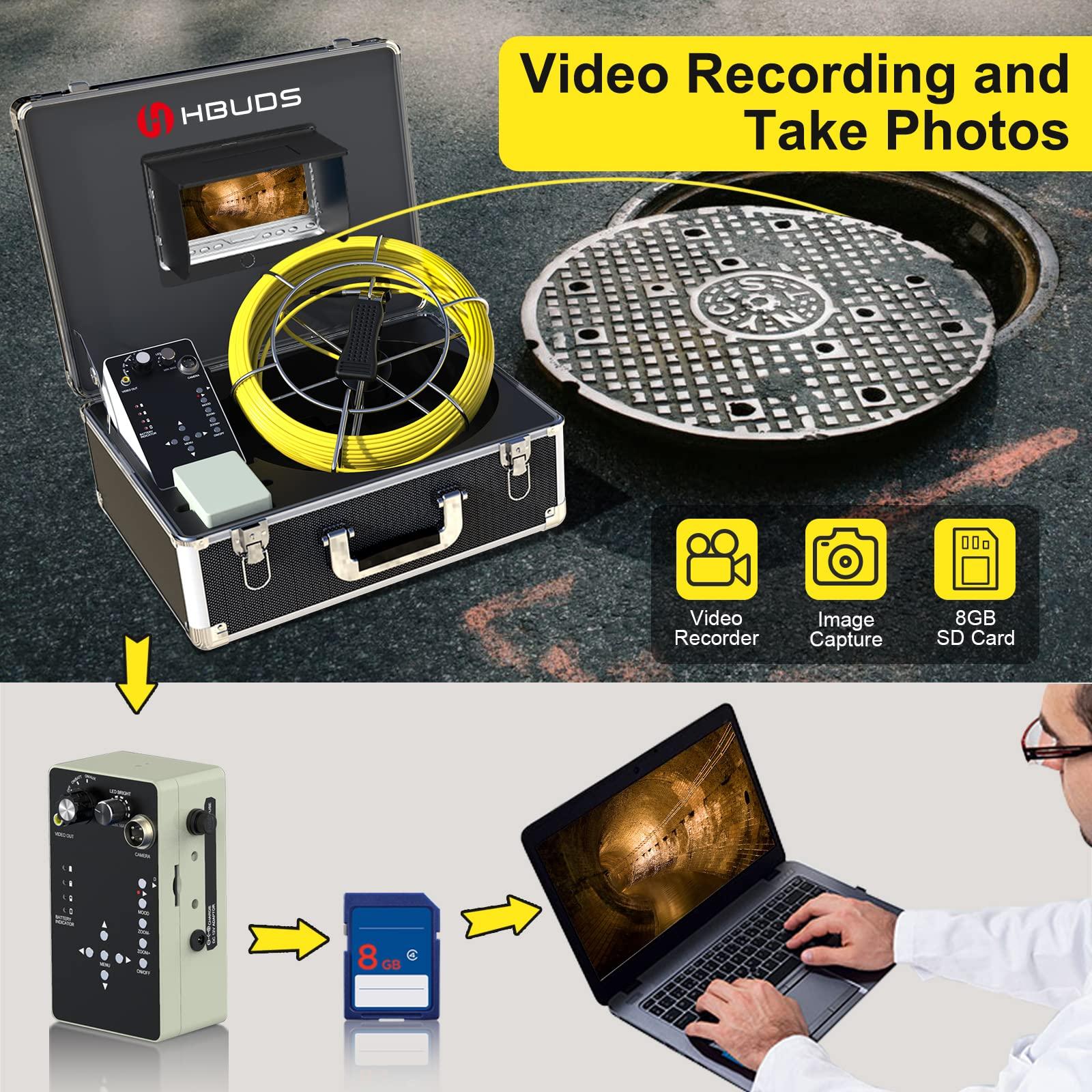 HBUDS Pipe Pipeline Inspection Camera, Drain Sewer Industrial Endoscope HBUDS Waterproof IP68 Snake Video System with 7 Inch LCD Monitor 1000TVL Camera