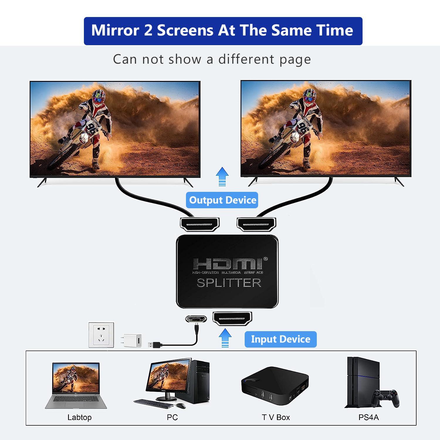 HRIOEKAX HRIOEKAX 4K HDMI Splitter 1 to 2 HDMI Adapter, HDMI Male to Dual HDMI Female Splitter Support Two TVs at The Same Time, for HDTV 3D LED LCD etc, HDMI 1 in 2 Out 1080P@60HZ Splitter