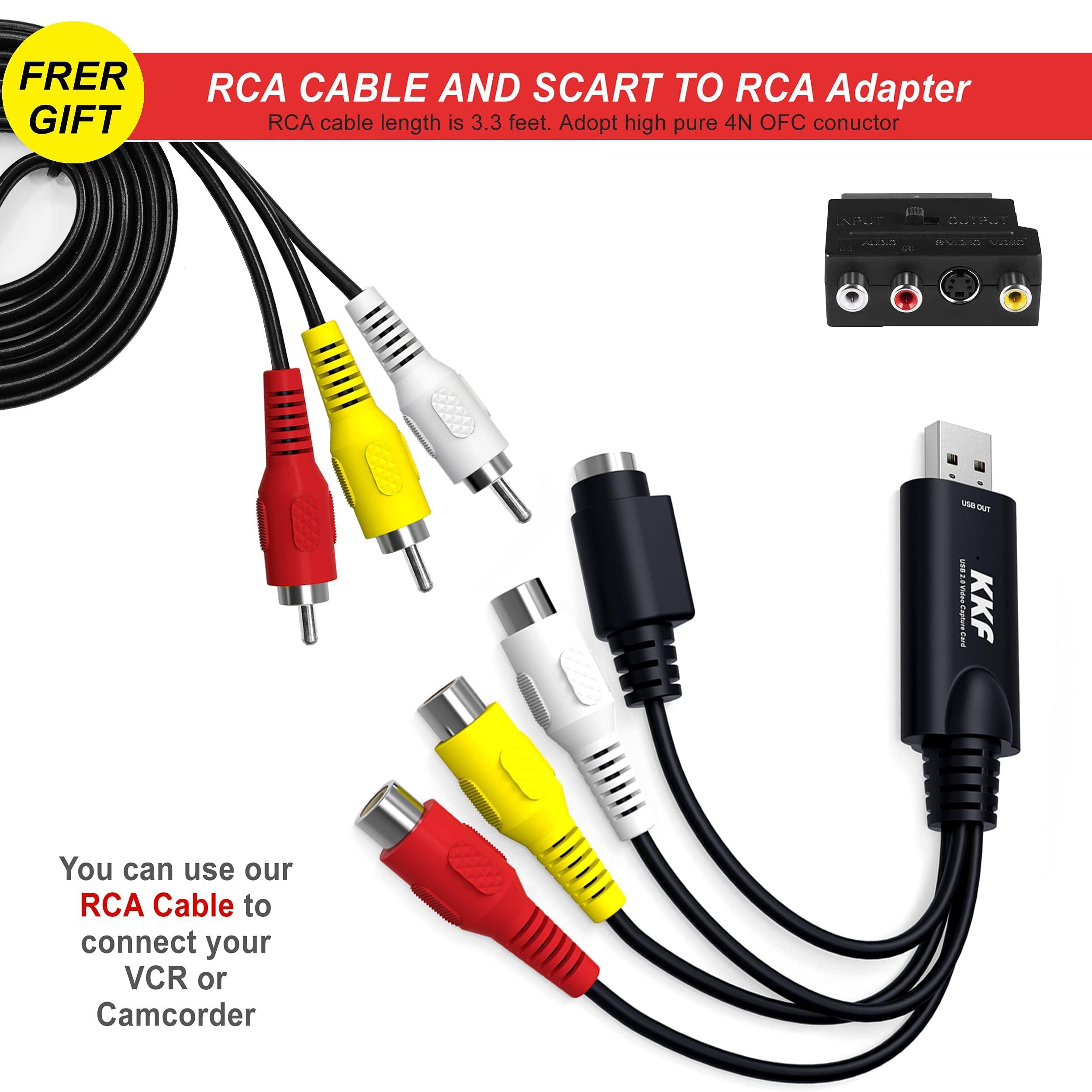 Kkf Kkf USB 2.0 Video Capture Card for Streaming VHS to Digital Converter, with Audio Transfer Grabber, Digitize Video DSLR DVD PS3 PS4 Camera Adapter, for Mac, PC or Notebook (IU037B-2)