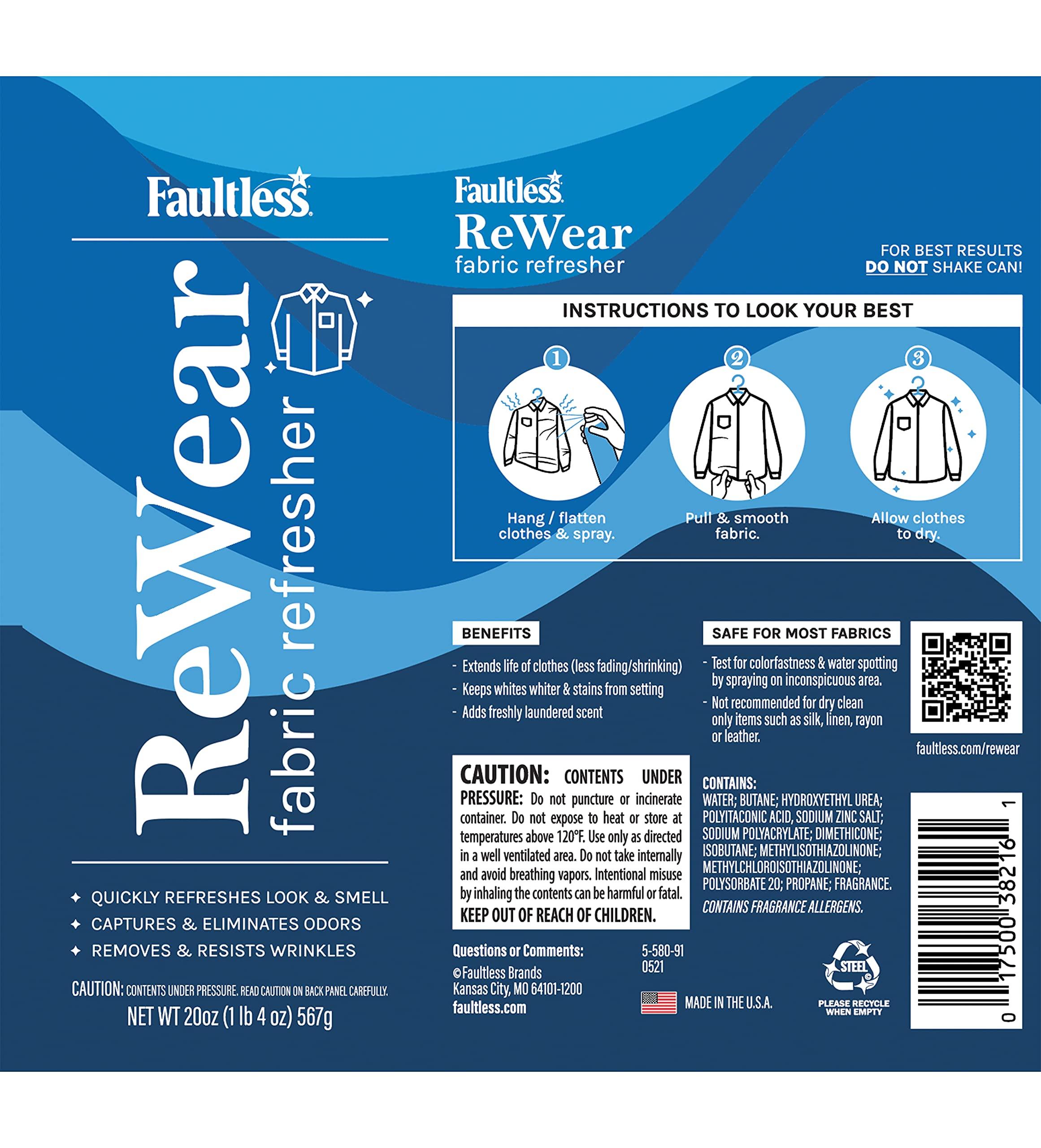 Faultless Faultless ReWear Dry Wash Spray for Clothing Wrinkle Remover, Fabric Refresher Spray, Captures Odors Like Dry Shampoo for Clothes: Fresh Look W/Out Laundry, 20oz