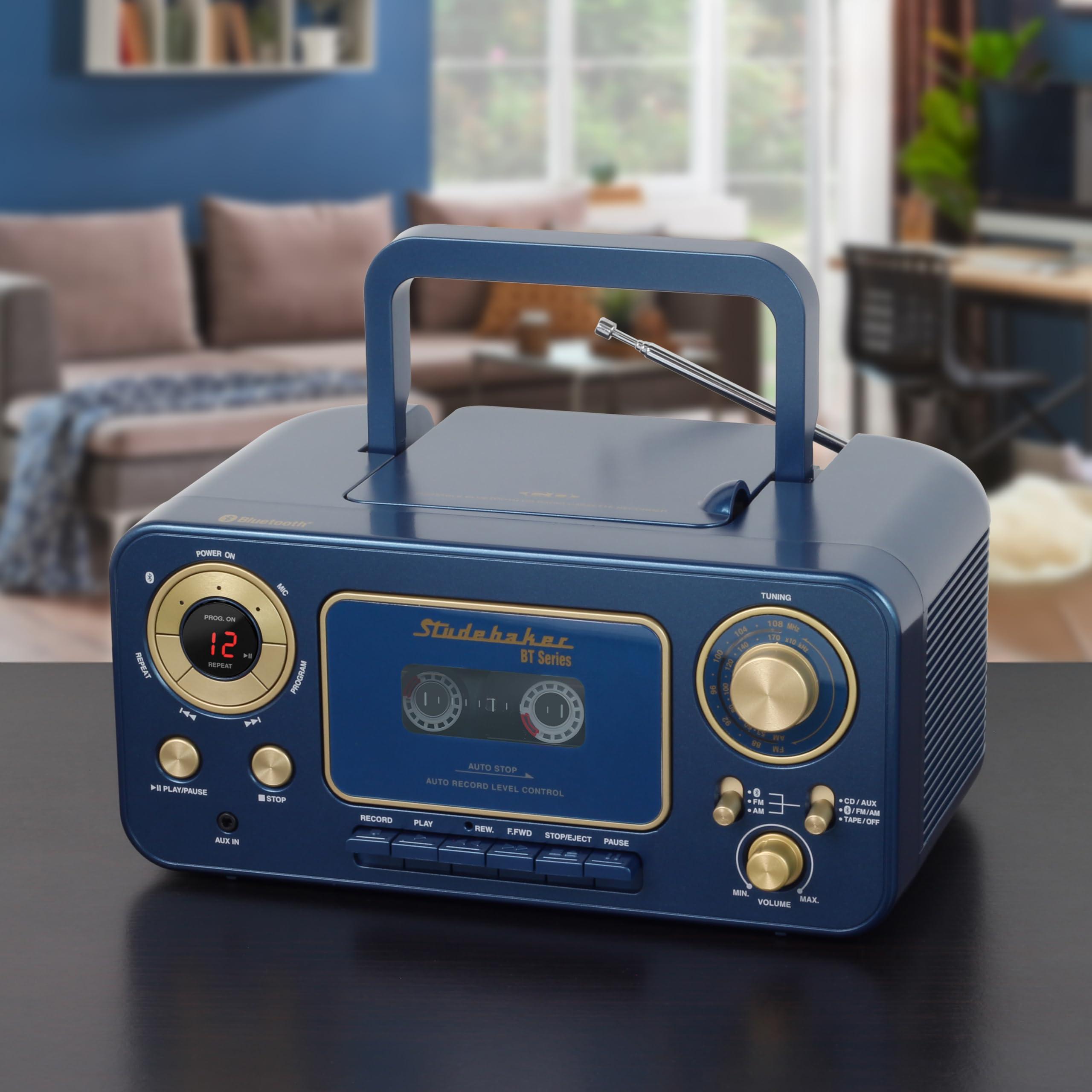 Studebaker Portable Stereo CD Player with Bluetooth, AM/FM Stereo Radio and Cassette Player/Recorder (Blue)