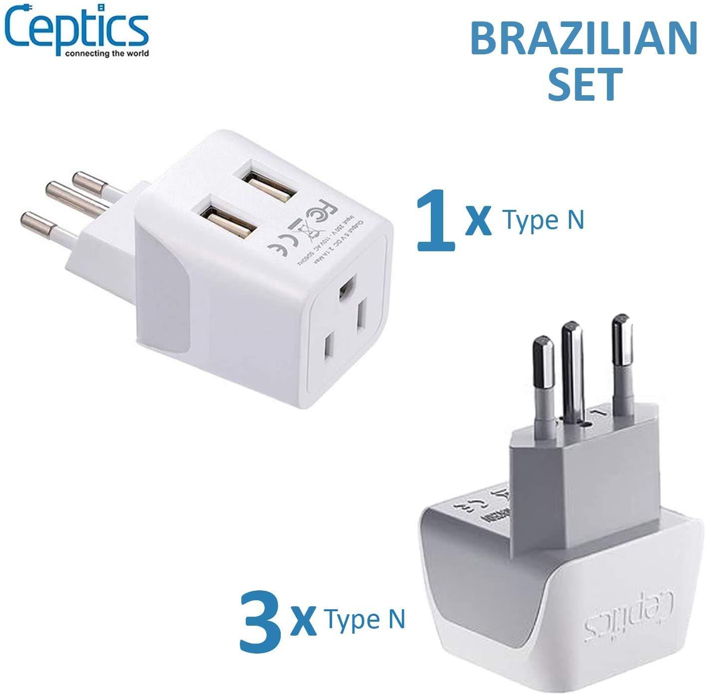 Ceptics Brazil Travel Adapter Bundle by Ceptics - Type N - Charge Multiple Devices at Once - USA to Brazil - Multipack - for Your Cell Phones, Tablets, iPhone, Camera