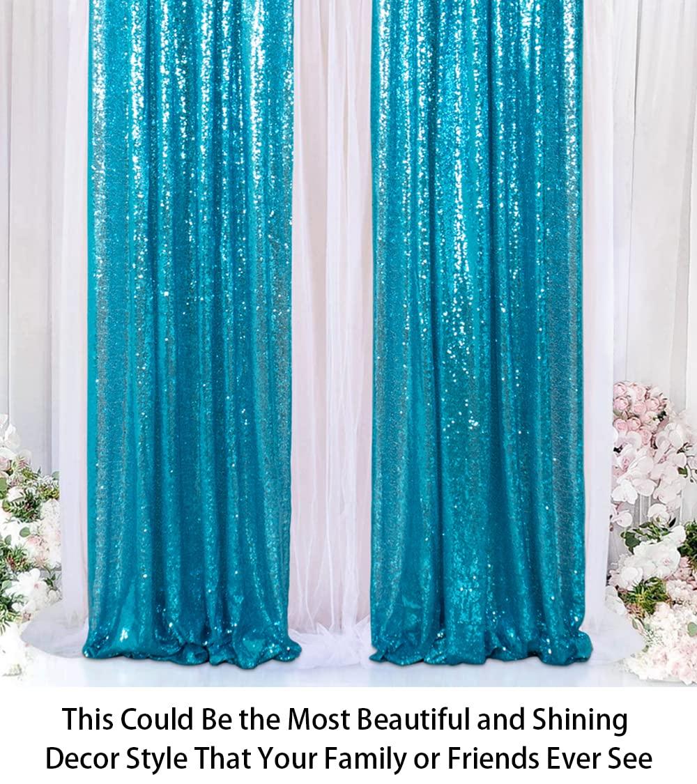 ShinyBeauty ShinyBeauty Sequin Backdrop Curtains 4 Panels Aqua 2FTx8FT Sequin Fabric Photo Backdrop Curtains Turquoise Glitter Curtains for Party