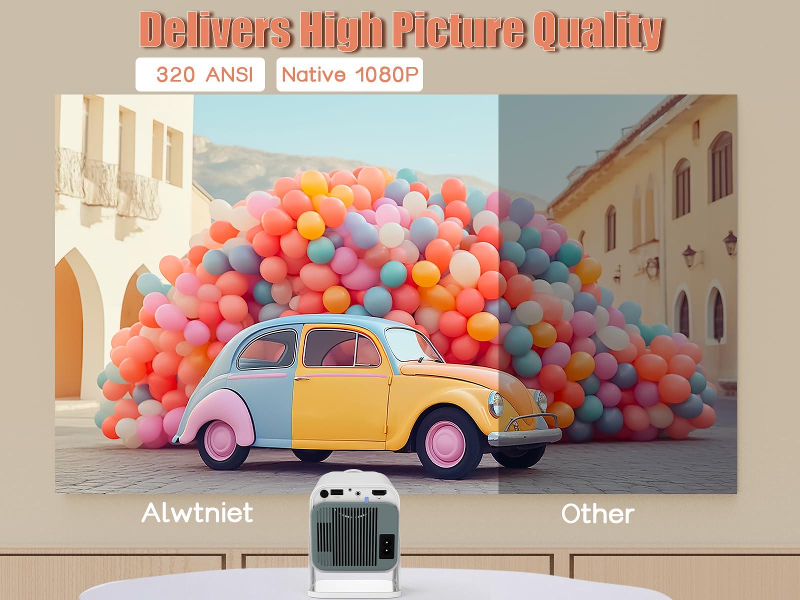 Alwtniet [Netflix Licensed] Smart Mini Projector 320ANSI Native 1080P 4K Support with Official Apps, Portable Projector with WiFi and BT for Home Theater/Outdoor/Bedroom HY320 NTV