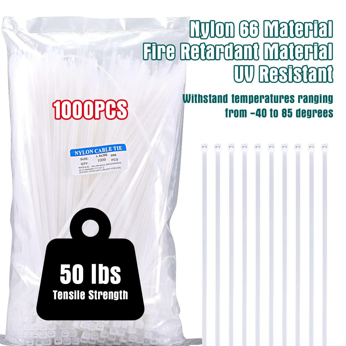 ZC Zip Ties 12 Inch Heavy Duty Clear 1000 Pack Tensile Strength 50 lbs UV Resistant Industrial Cable Ties Self Locking Zipties Wire Ties Wrap Indoor Outdoor Use for Fence Garage Camping, Zcpotizi