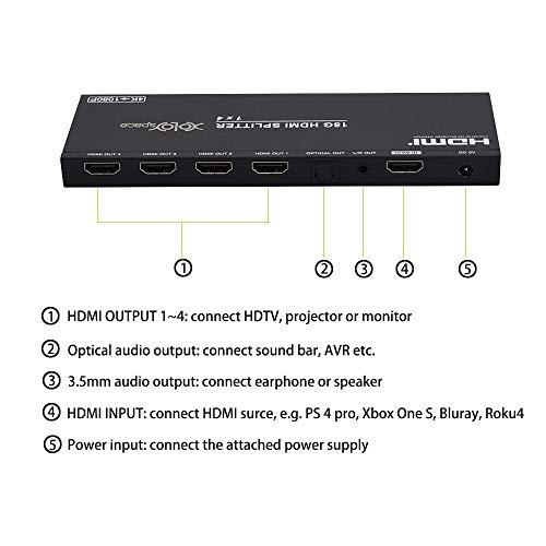 XOLORspace XOLORspace 66141 1x4 HDMI 2.0 Splitter 4K 60HZ HDR with 4K to 1080p downscaler and Audio Extractor Optical Audio Out