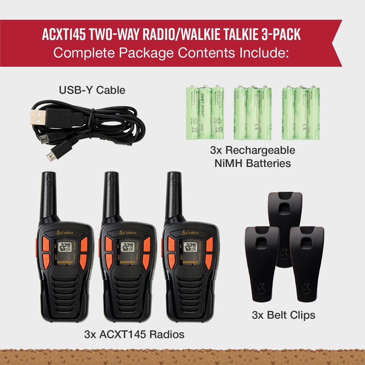 Cobra Cobra ACXT145-3 Compact Walkie Talkies - Rechargeable, Lightweight, 22 Channels, Long Range 16-Mile Two-Way Radio Set (3-Pack), Black
