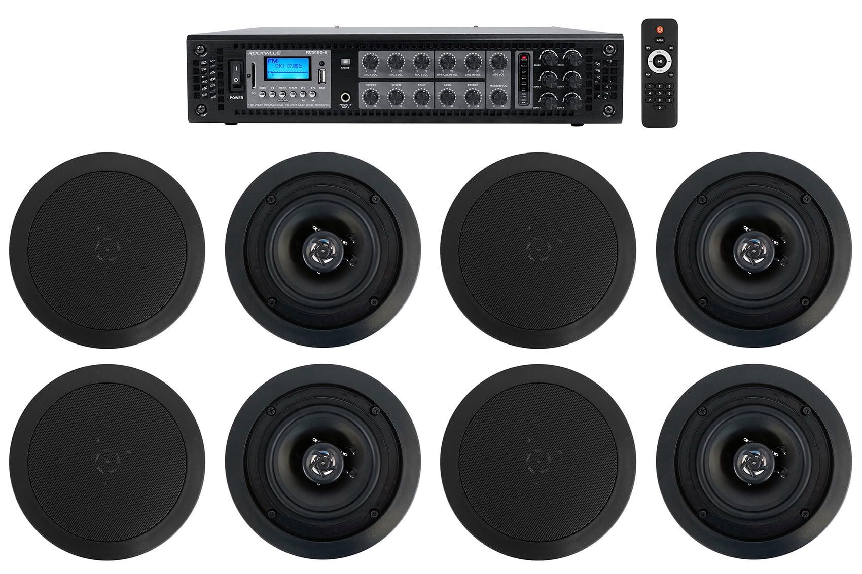 Rockville Home Audio System+8 5.25\" Black Ceiling Speakers 4 Bedroom/Living Room/Bathroom