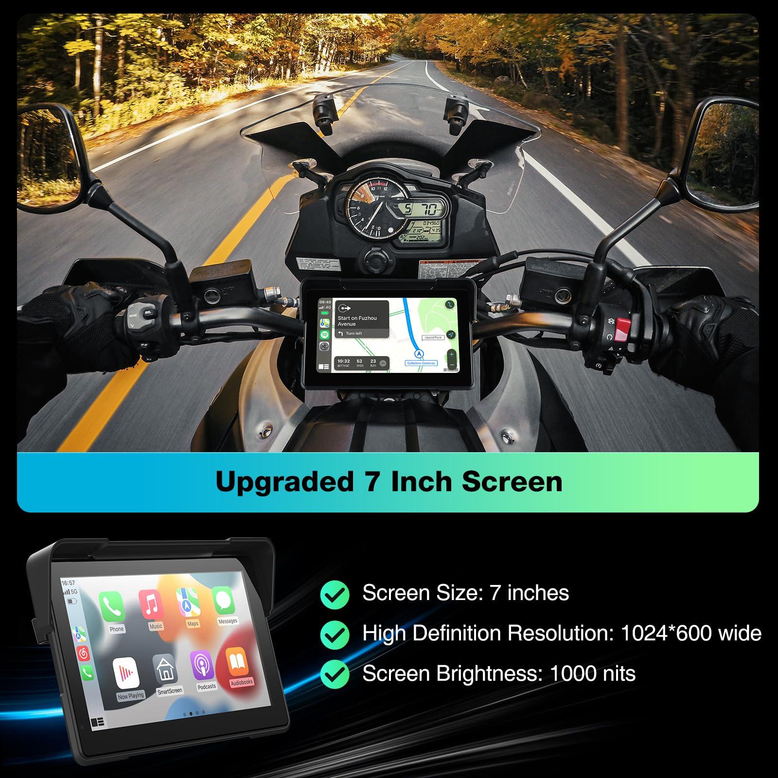 GTRUI 7 Inch Portable CarPlay for Motorcycle, Waterproof Touchscreen Wireless Car Play Android Auto Screen GPS Navigation for Motorbike, Siri Voice Control Dual Bluetooth TF-64G (M570 w/Cameras)