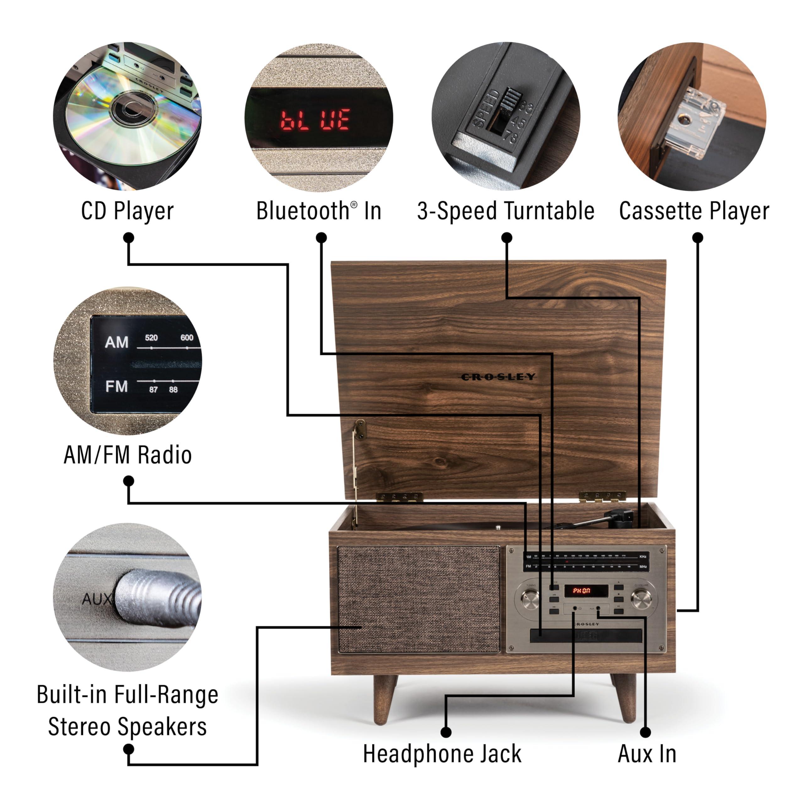 Crosley Crosley CR7023A-WA Serenade 8-in-1 Vinyl Record Player with 3-Speed Turntable, Bluetooth, AM/FM Radio, CD, Cassette, and Aux-in, Walnut