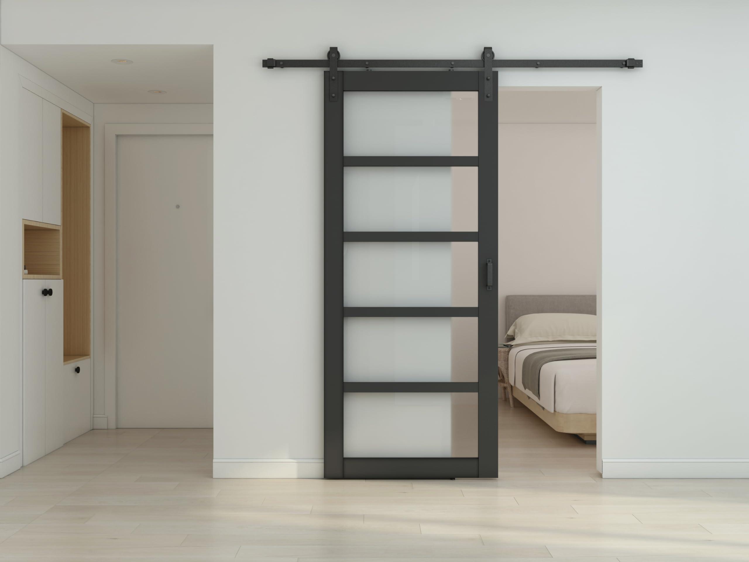 CALHOME Calhome 36 in. x 84 in. 5 Lite Pre Assembled Frosted Glass Black MDF Interior Sliding Barn Door with Hardware Kit Door Handle