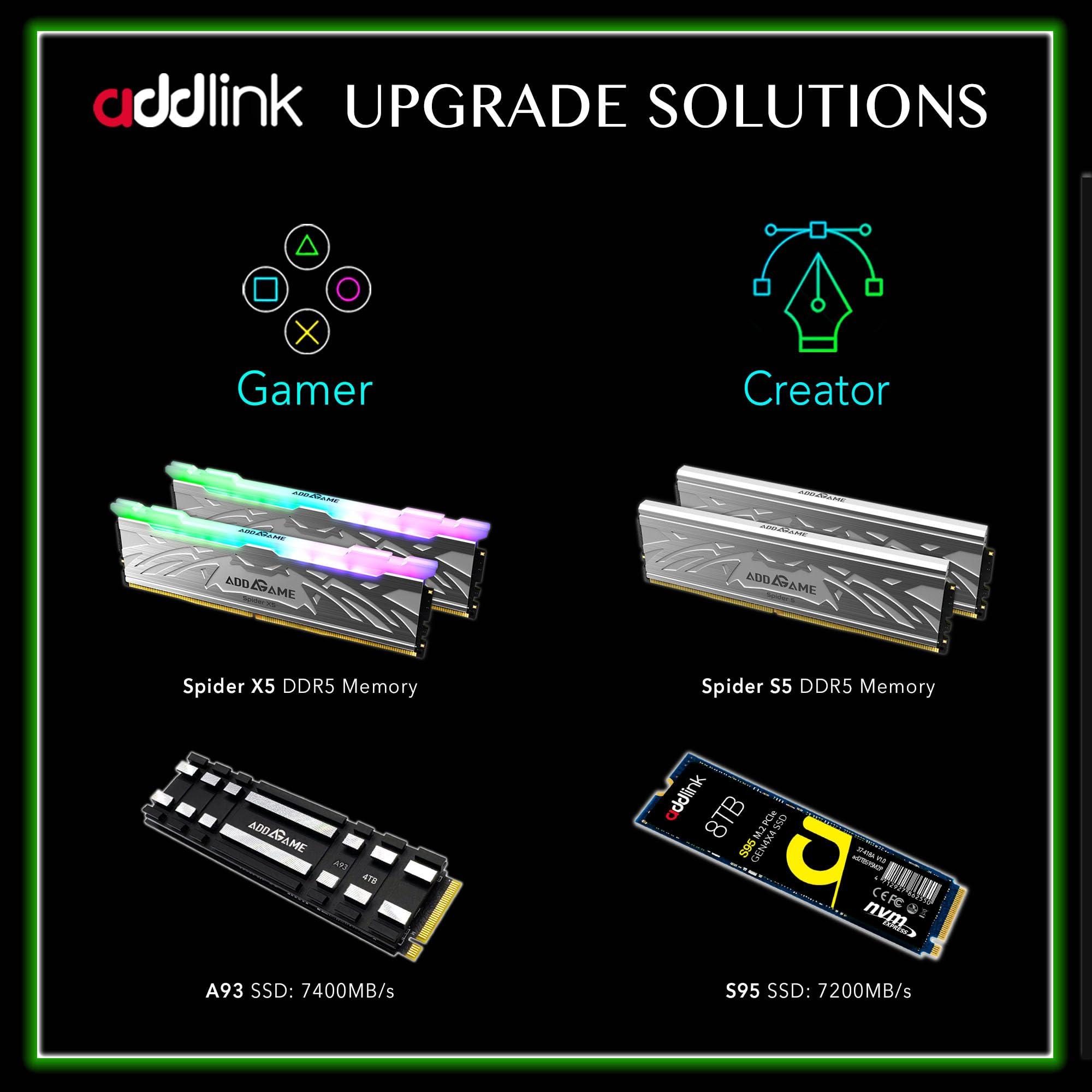 Addlink Addlink A93 2TB Storage Expansion for PS5 Console with Heatsink, Up to 7400mb/s, Gen 4 PCIe NVMe m.2 2280, SLC Cache Internal Hard Drive