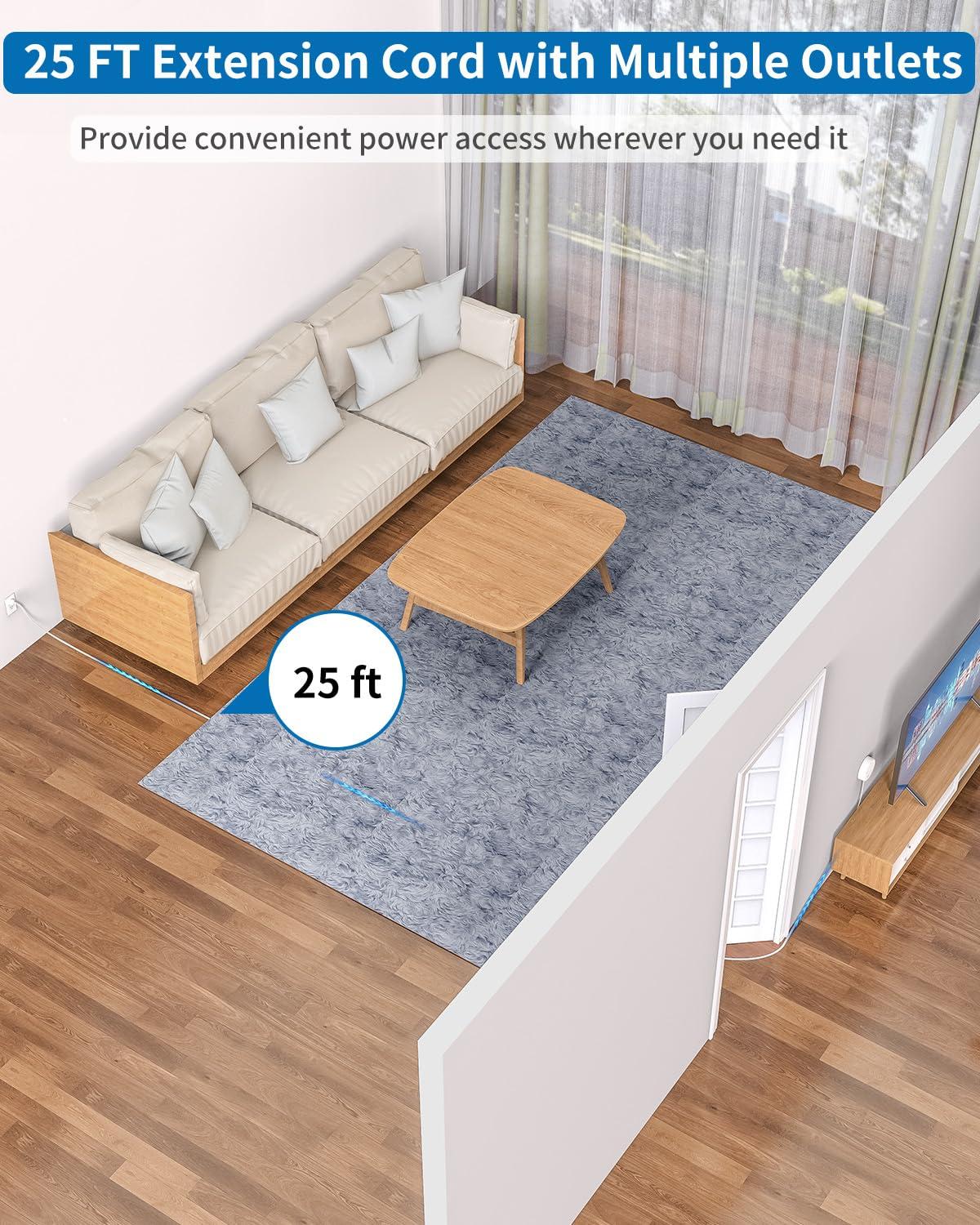 NTONPOWER Flat Extension Cord 25 ft, NTONPOWER Flat Plug Power Strip with 3 Outlets 4 USB Ports(2 USB C), Ultra Thin Extension Cord Under Carpet, Mountable, Long Outlet Extender for Indoor Home Office Room