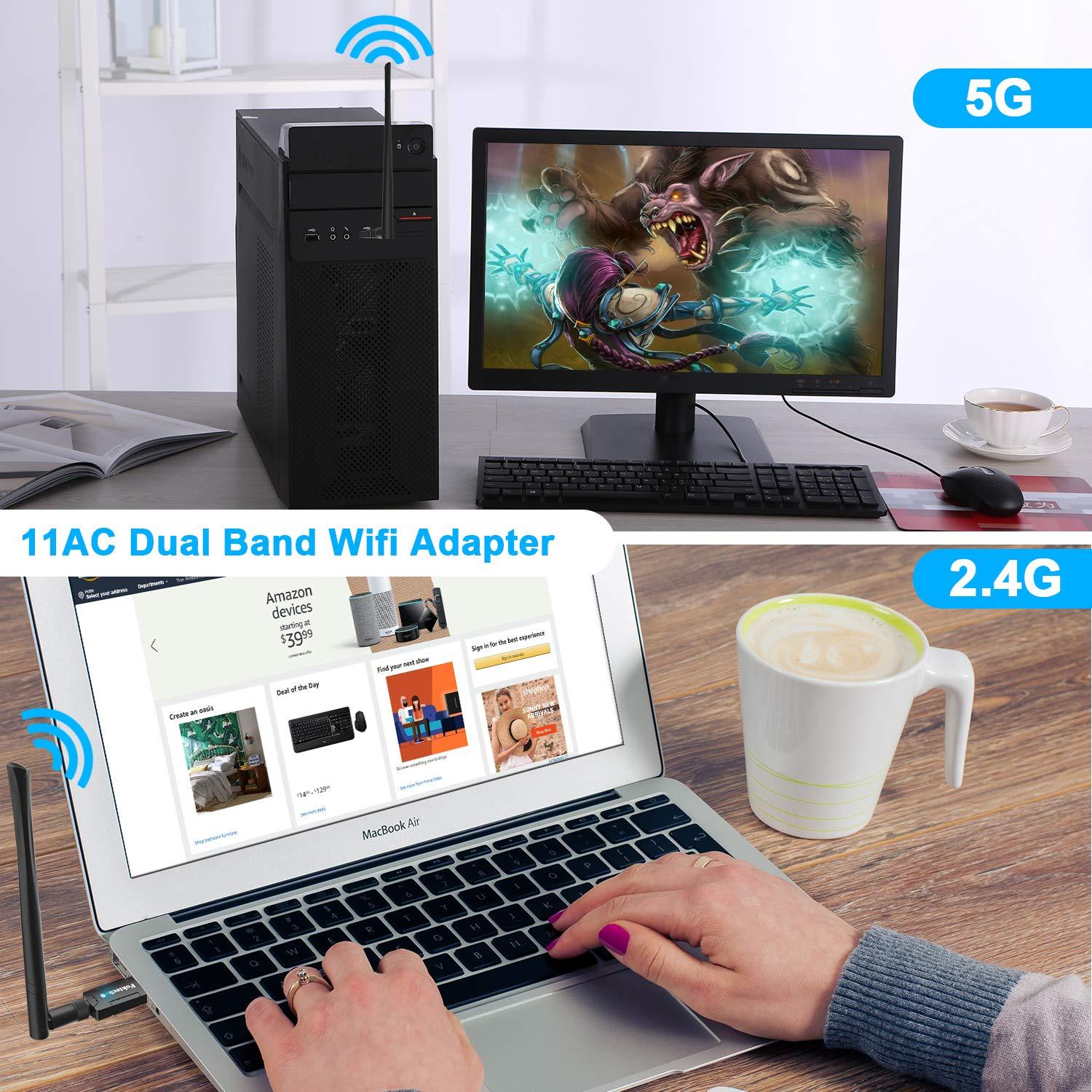 Foktech Foktech USB WiFi Adapter, AC1200 USB 3.0 Wireless Network Dongle for Desktop/Laptop, Dual Band 2.4GHz/5Ghz, Support Windows XP/Vista/7/8/8.1/10,Mac OS X 10.9-10.15 (WiFi Adapter AC1200)