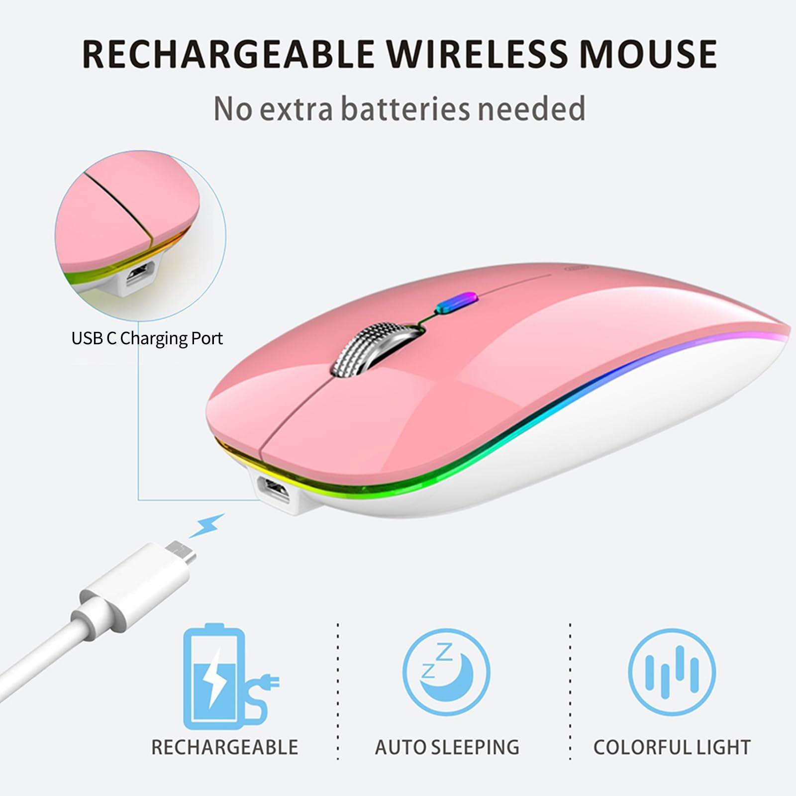 Uiosmuph Uiosmuph LED Wireless Mouse, G12 Slim Rechargeable Silent 2.4G Portable USB Optical Computer Mice with Receiver and Type C Adapter (Pink)