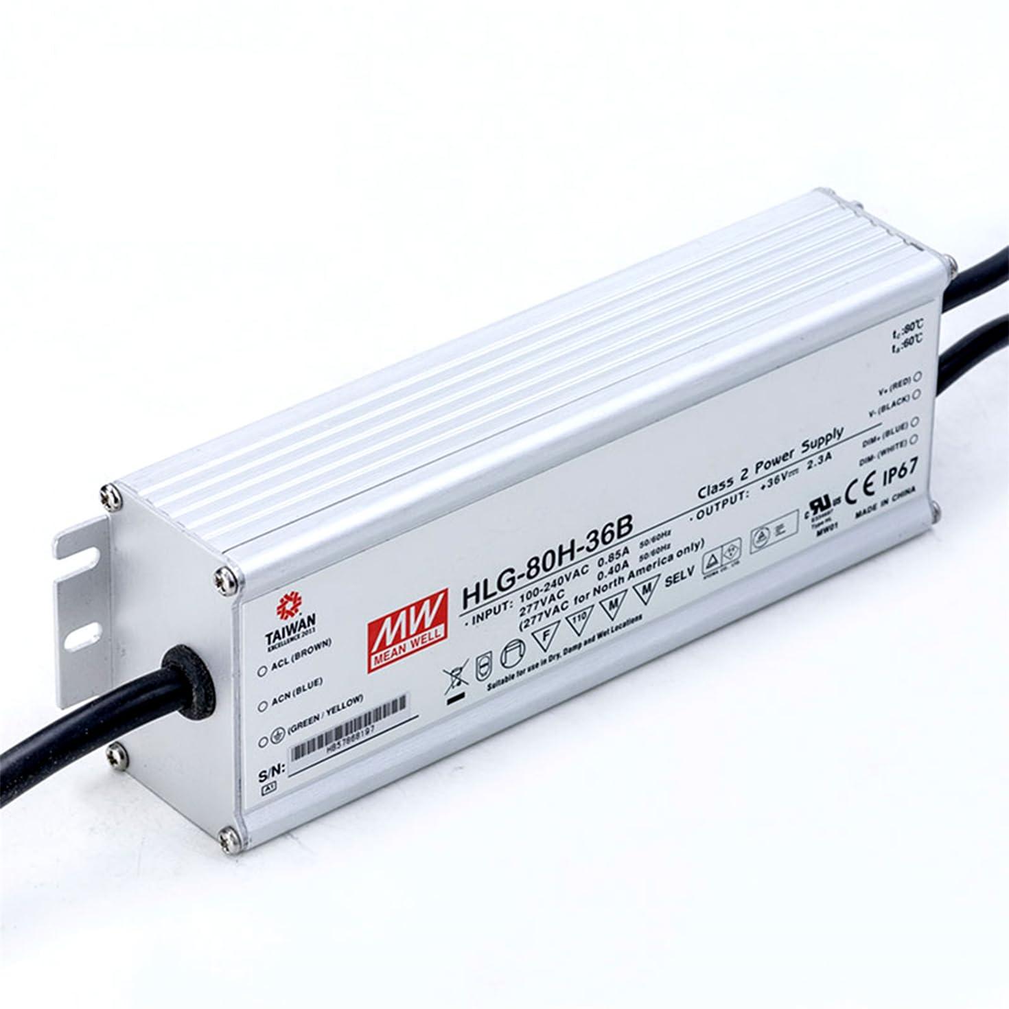 DrapeMania DrapeMania HLG-80H-36B Industrial Power Supply, 36V 2.2A 80W, IP67 Waterproof, Built-in PFC, for LED Lighting, Industrial Automation