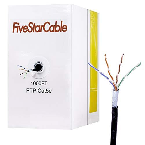 FiveStarCable FiveStarCable 1000Ft Cat5e FTP 24AWG Outdoor Shielded Waterproof Direct Burial Rated 350MHz Bulk Ethernet Router LAN Cable Black (1000Ft, Cat5e(FTP))