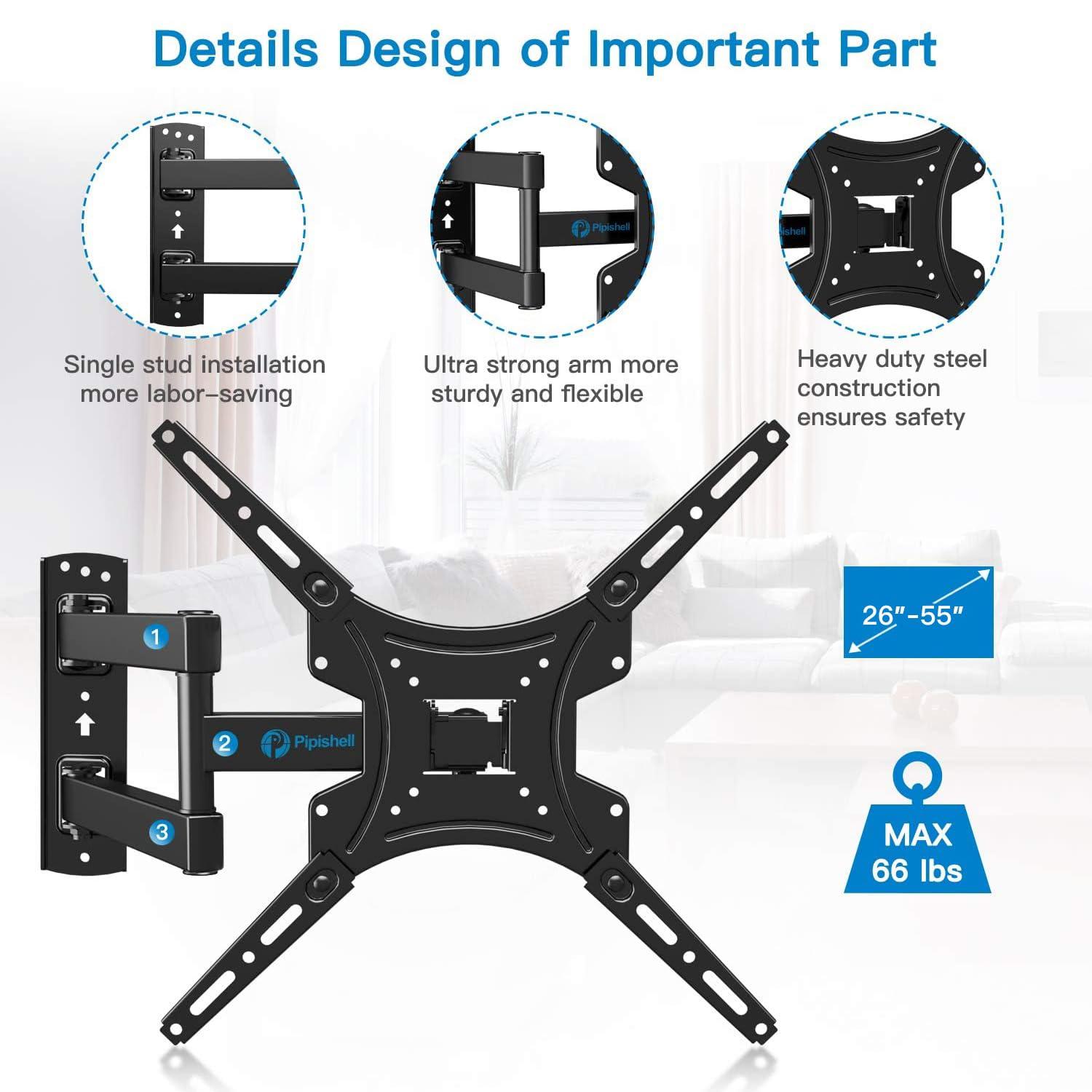 Pipishell Full Motion TV Wall Mount Bracket Articulating Arms Swivels Tilts Extension for Most 26-55 Inch LED LCD Flat Curved Screen TVs, Max VESA 400x400mm up to 66lbs by Pipishell