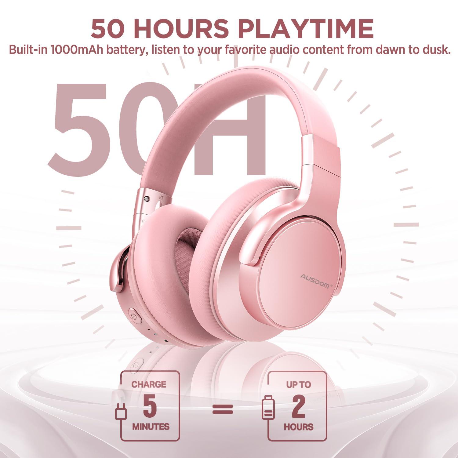 AUSDOM AUSDOM E7 Bluetooth 5.0 Active Noise Cancelling Headphones, Wireless Over Ear ANC with Microphone, Hi-Fi Stereo Sound, 50H Playtime, Comfortable Earpads for Travel Work TV Phones, Rose Gold