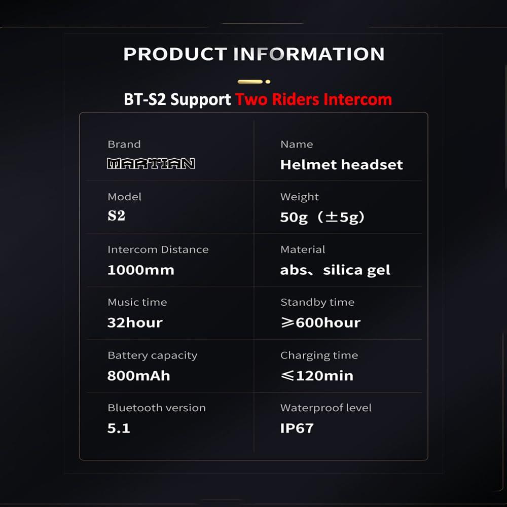 Martian Martian Motocycle Helmet Bluetooth Headset Wireless IP67 Waterproof Moto Biking & Skiiing/BT-S2 /1000M Intercom/2 in 1 Microphone/2 Riders Intercom/