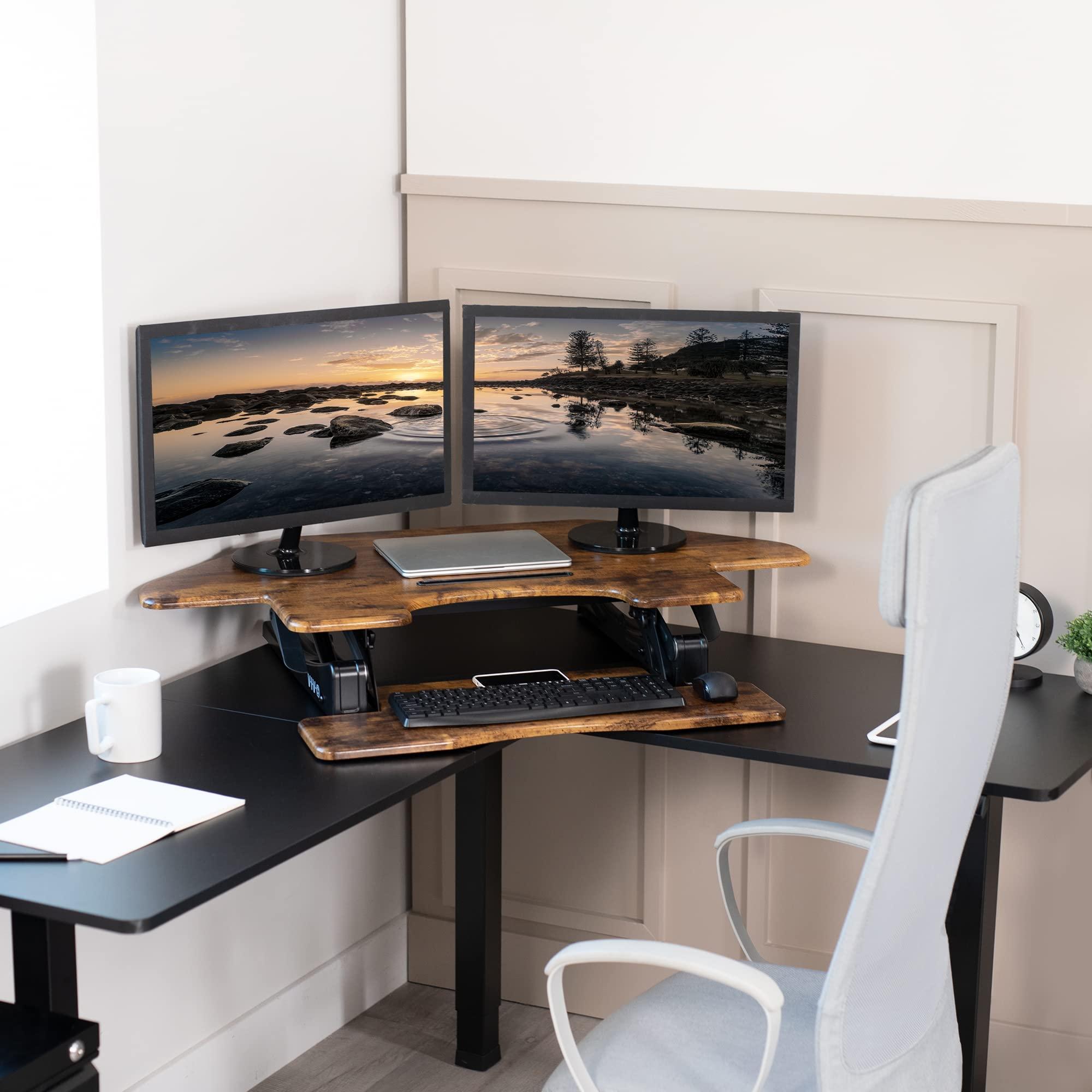 VIVO VIVO 43 inch Corner Height Adjustable Cubicle Stand Up Desk Converter, V Series, Quick Sit to Stand Tabletop Dual Monitor Riser Workstation, Rustic Vintage Brown, DESK-V000VCN