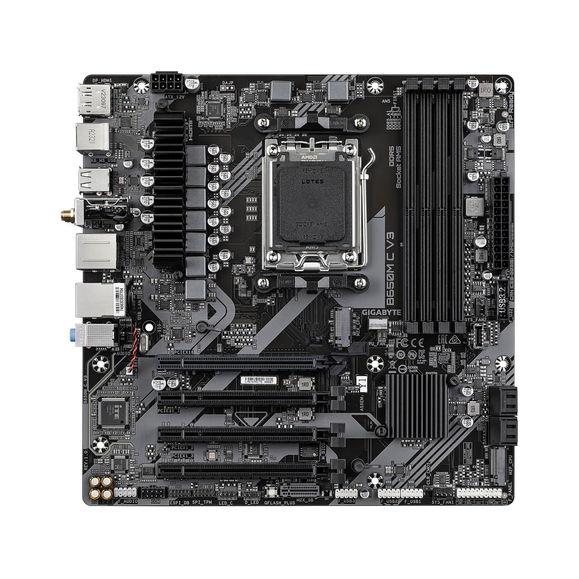 GIGABYTE GIGABYTE B650M C V3 (rev. 1.0) AM5 LGA 1718 AMD B650 M-ATX Motherboard with 5-Year Warranty, DDR5, PCIe 4.0 M.2, PCIe 4.0, USB 3.2 Gen1 Type-C, 1GbE LAN, Q-Flash Plus, EZ-Latch