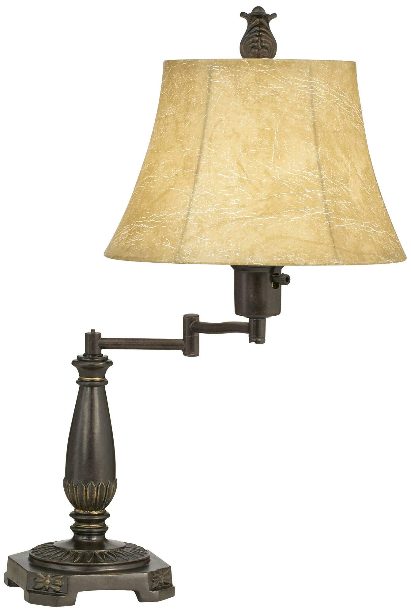 Regency Hill Regency Hill Traditional Rustic Natural Cottage Swing Arm Desk Table Lamp 22.5\" High Bronze Metal Faux Leather Bell Leather Shade Decor Living Room Bedroom House Bedside Nightstand Home Office