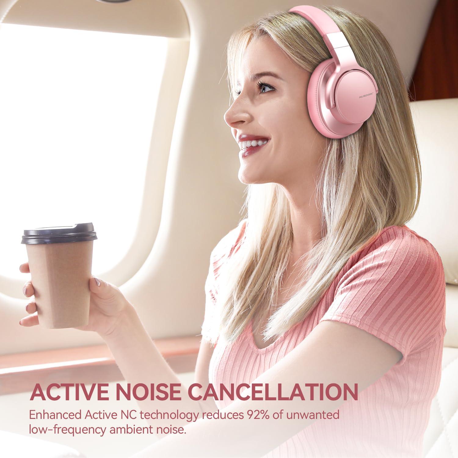 AUSDOM AUSDOM E7 Bluetooth 5.0 Active Noise Cancelling Headphones, Wireless Over Ear ANC with Microphone, Hi-Fi Stereo Sound, 50H Playtime, Comfortable Earpads for Travel Work TV Phones, Rose Gold